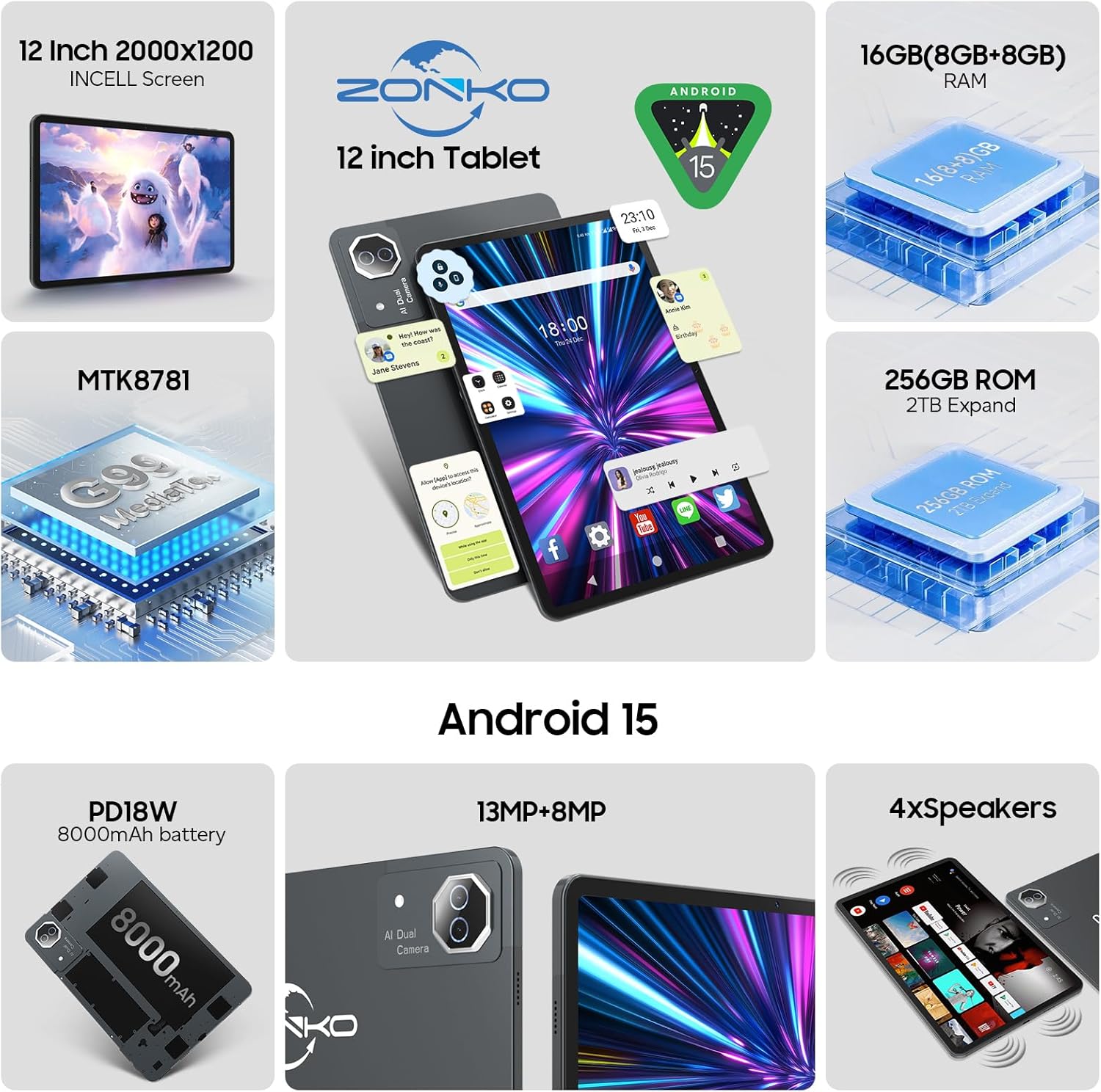 Tablet 12 inch Large Screen, Android 15 Tablet 16GB RAM 256GB ROM, 2K 2000x1200 Incell Widevine L1 Display, Gaming Tablets with Helio G99 Octa-core, 8000mAh 18W Fast Charge Tablets, AI Support, GPS