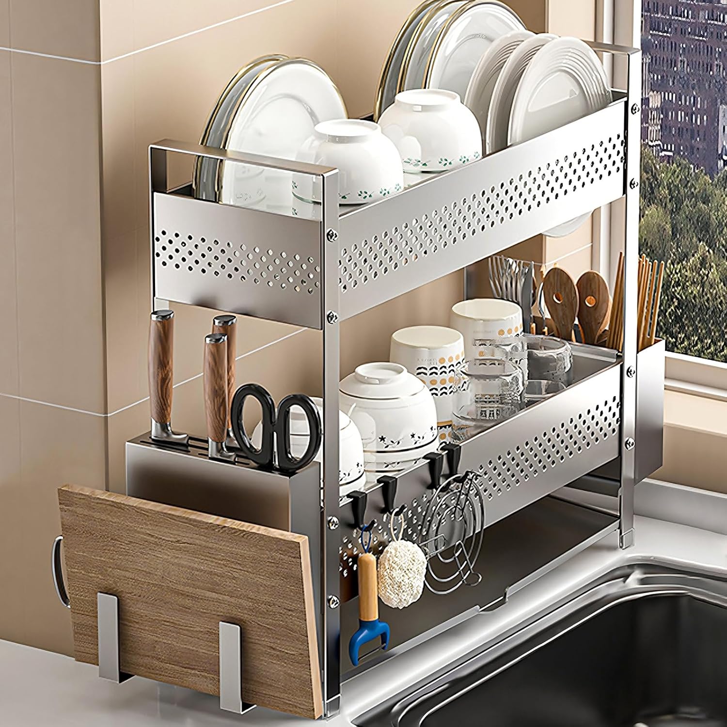 ステンレススチール製食器乾燥ラック、排水トレイと滑り止めマット付き、皿、ボウル、調理器具用の狭いキッチンシンクオーガナイザー（50x