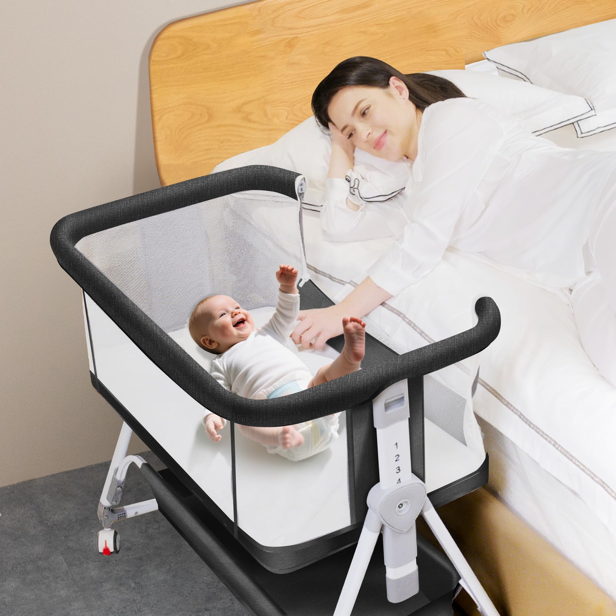 Donpemu Baby Bassinet Bedside Sleeper - Safety Bassinets with Crib Sheet, Soft Mattress, Adjustable Height Bedside Bassinet for Baby with Wheels,