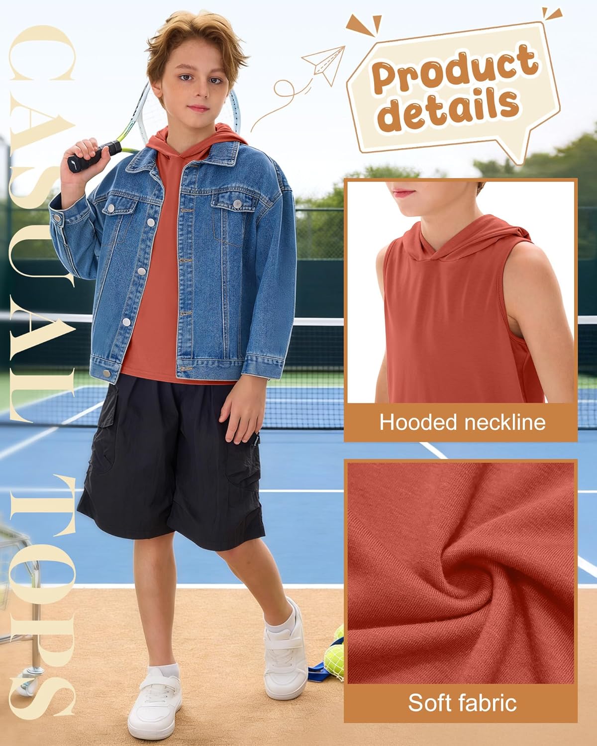 4 Pack Boys' Athletic Tank Tops Sleeveless Pullover Hoodies Sports Workout Basic T-Shirts 5-16 Years