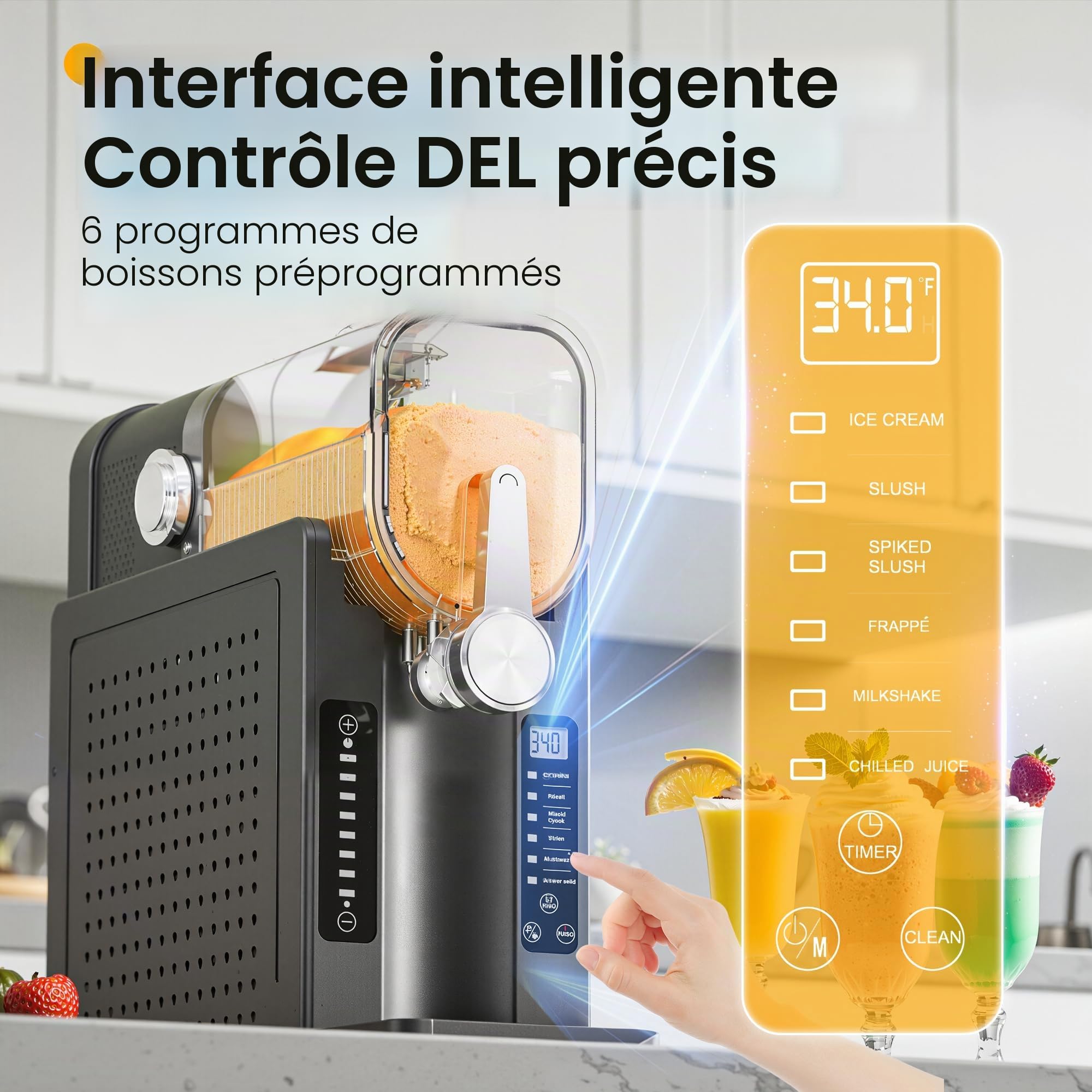 INITIO Machine à slush, 2L Machine à slushi pour la maison pour slushi, frappé, milkshake et margaritas, sans glace nécessaire, écran LED, autonettoyant, noir, AD03, 6 programmes + 1 pack