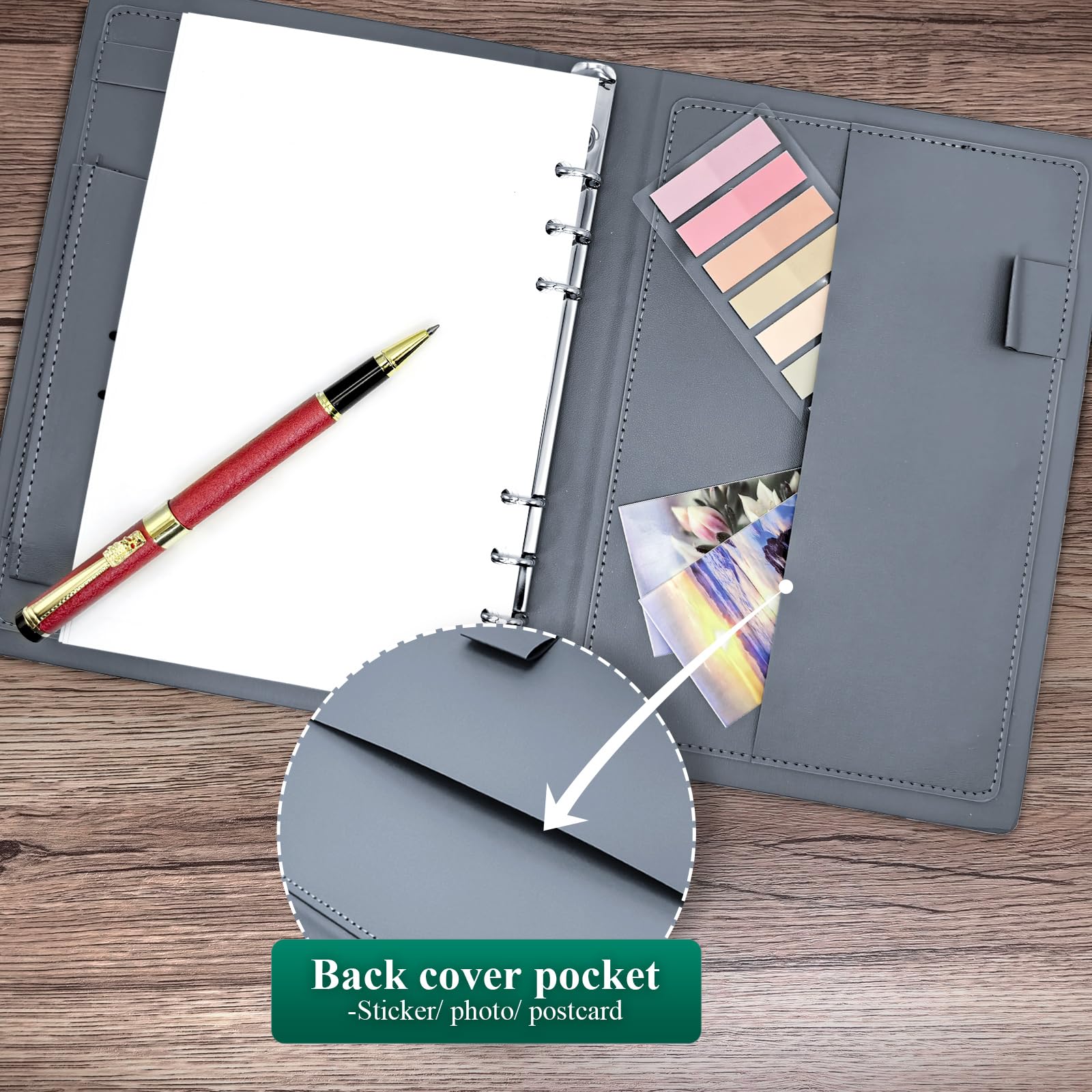 Notatnik A5 do wielokrotnego napełniania, elegancka twarda okładka, 160 stron grubego papieru 100 g, wzór z 6 pierścieniami, z pętelką na długopis i kieszeniami, idealny do pisania, podróży