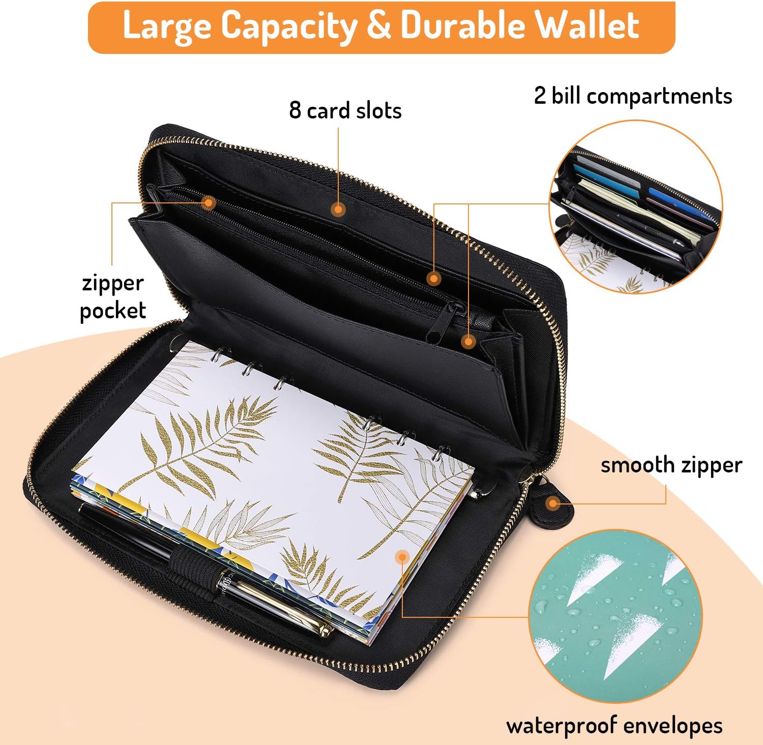 Magicfly Cash Envelope Wallet, All-in-One Budget System Wallet with 12 Budget Envelopes& Budget Sheets & Labels, Waterproof & Lightweight, Budget Envelope for Tracking of All Your Spending, Black