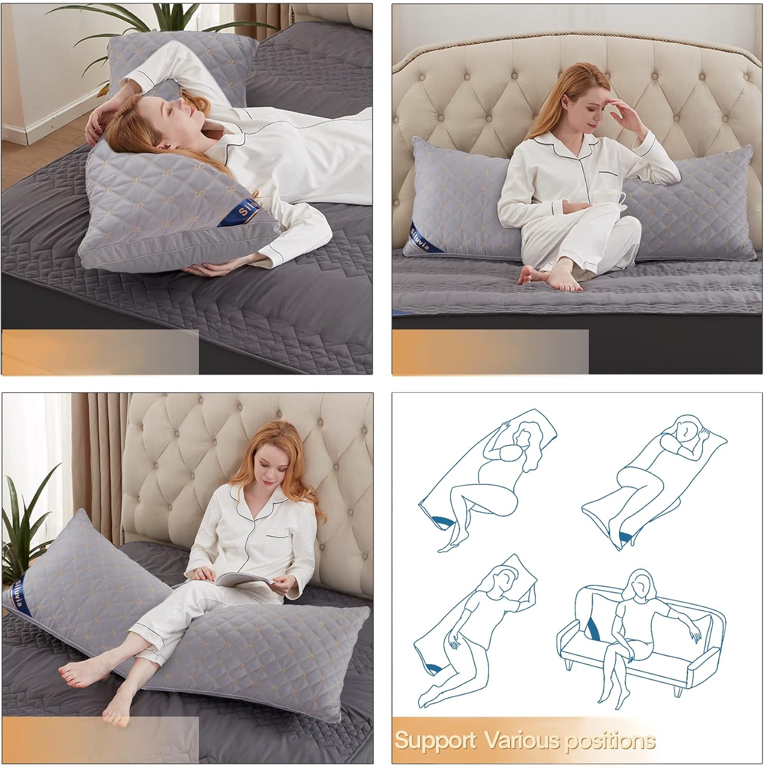 Siluvia Body Pillow for Adults-Premium Adjustable Loft Quilted Body Pillows - Hypoallergenic Fluffy Pillow - Quality Plush Pillow - Down Alternative Pillow (Gray-LightGray, 21”x54“) : Home & Kitchen