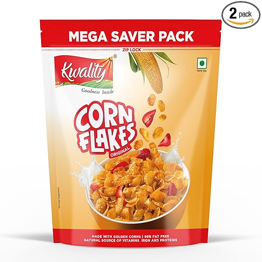 KWALITY Golden Corn Flakes - Crispy and Delicious Breakfast Cereal Made with 100% Natural Corn - 99% Fat Free, No Preservatives or Colors, Protein Source, Cholesterol-Free 800g x 2 [Pack of2]