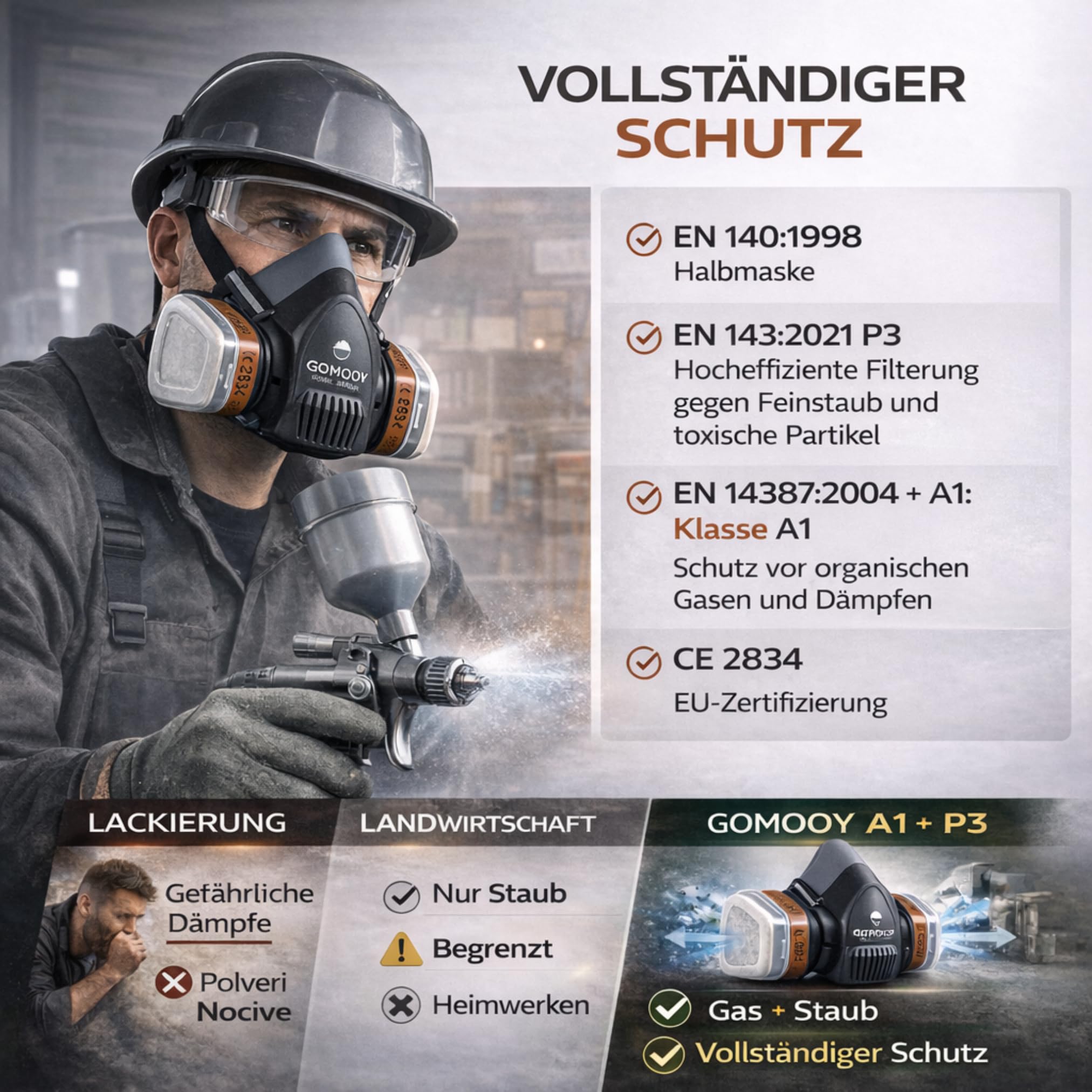 Atemschutzmaske Gasmaske Doppelfilter | NEU DESIGN 8 ERSATZ FILTER INBEGRIFFEN | Halbmaske Staubmaske Atemschutz Arbeits Schutz Für Sprüh Chemikalien Pestizid Dämpfe Lackiermaske |