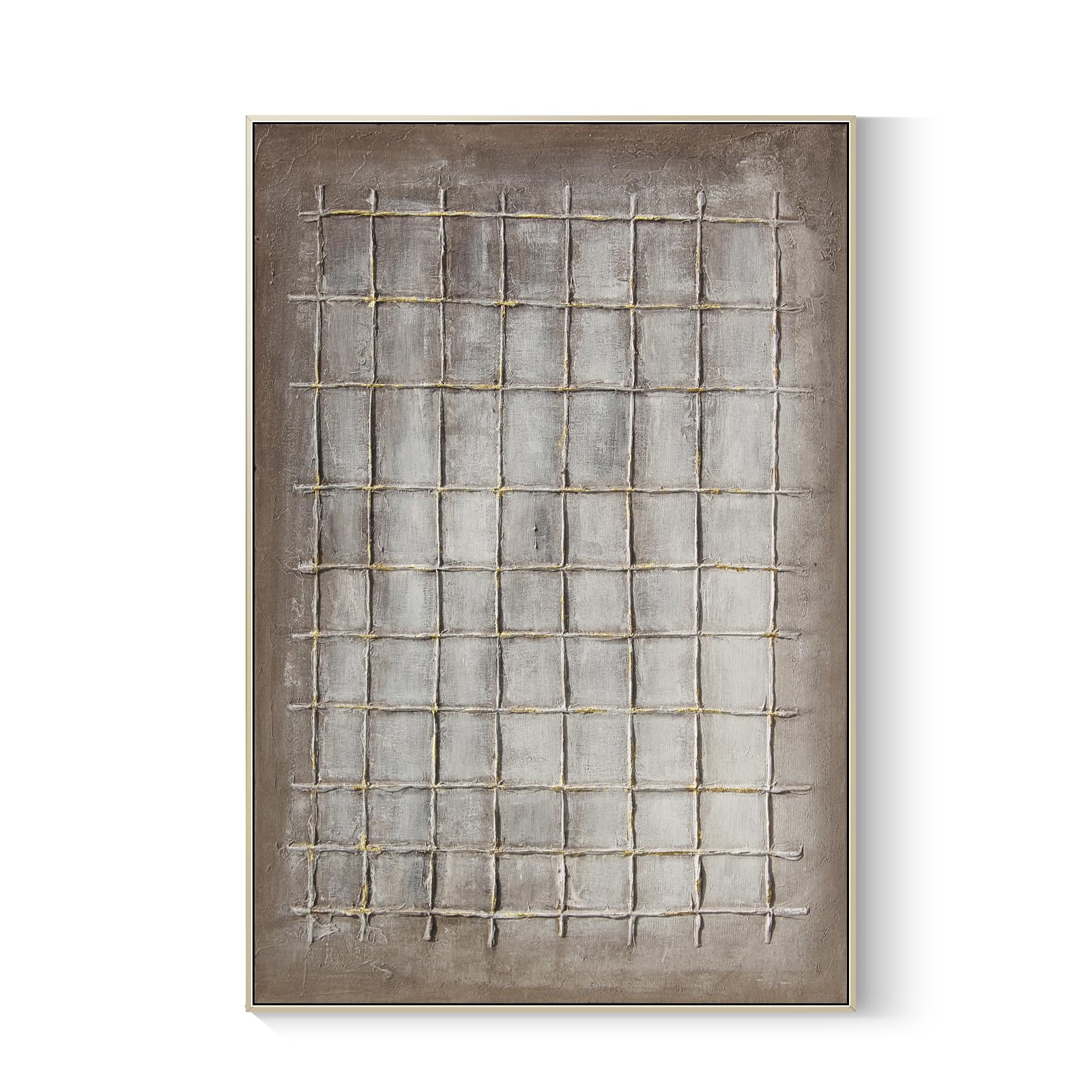 Photo 1 of GeekMacro Abstract Textured Wall Art Hand Painted Brown Canvas Checked Oil Painting 46x31 Contemporary Minimalist Framed Large Artwork Vertical Wall Decor