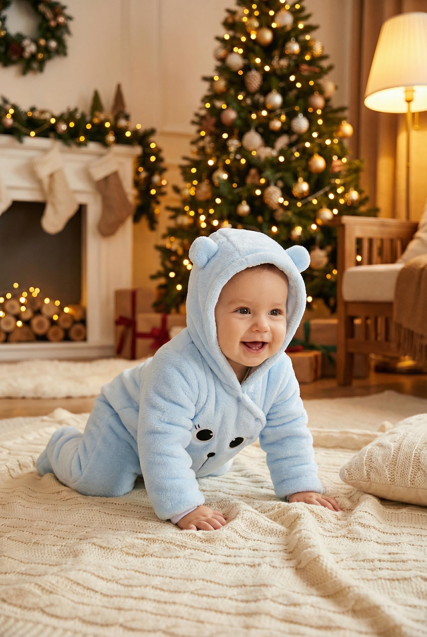 Salopette Bébé Romper Flanelle Hiver Romper Playsuit avec Pieds Hoodie Cartoon 0-12 Mois