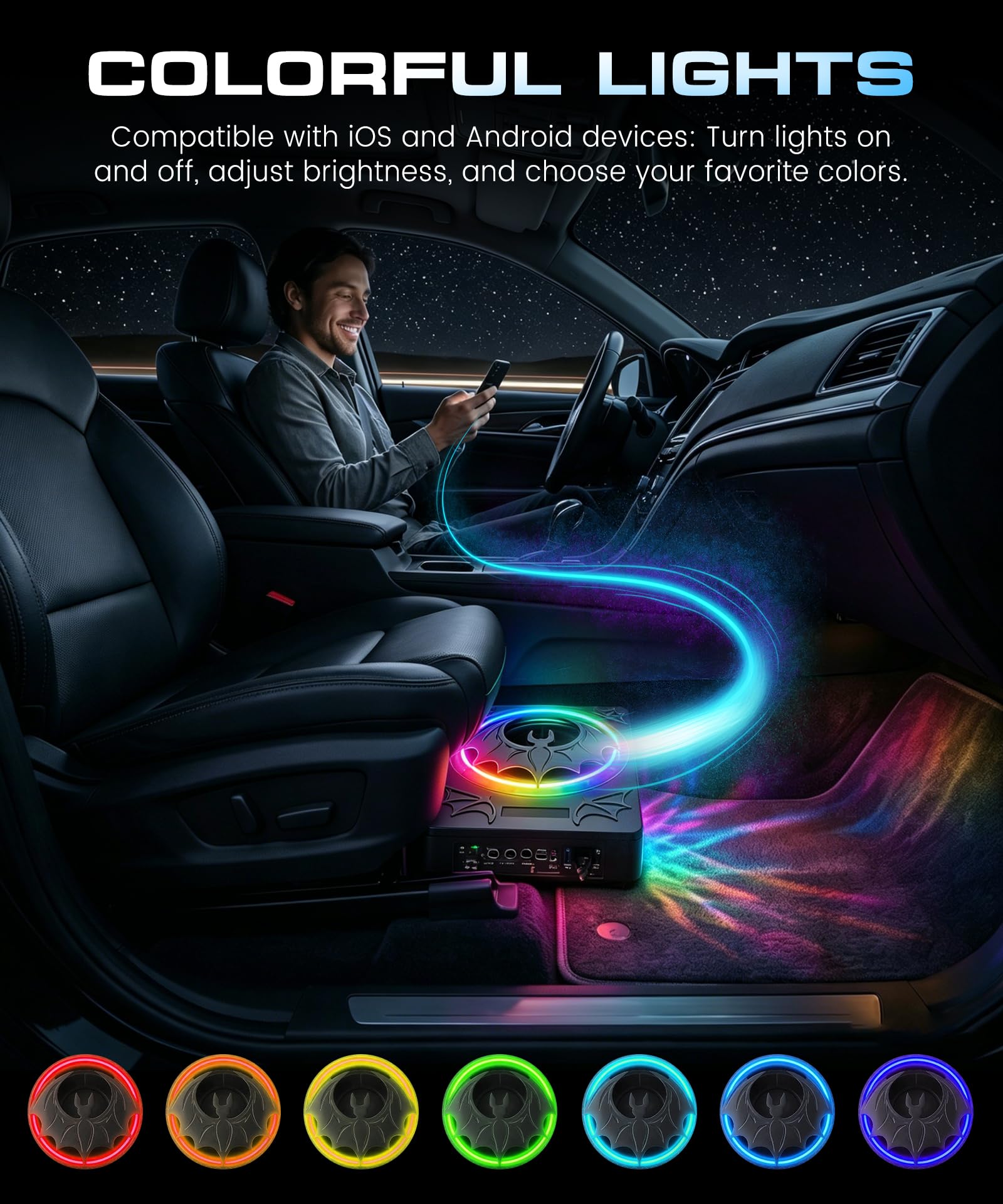 VECHTEL Subwoofer Auto Sottile 7 cm Sottosella, Subwoofer Attivo Potenza Picco 1200W con Suono Surround 360°, Regolazione Fase 180°, Filtro Passa Basso e Luce RGB Compatibile con Berlina SUV Pickup