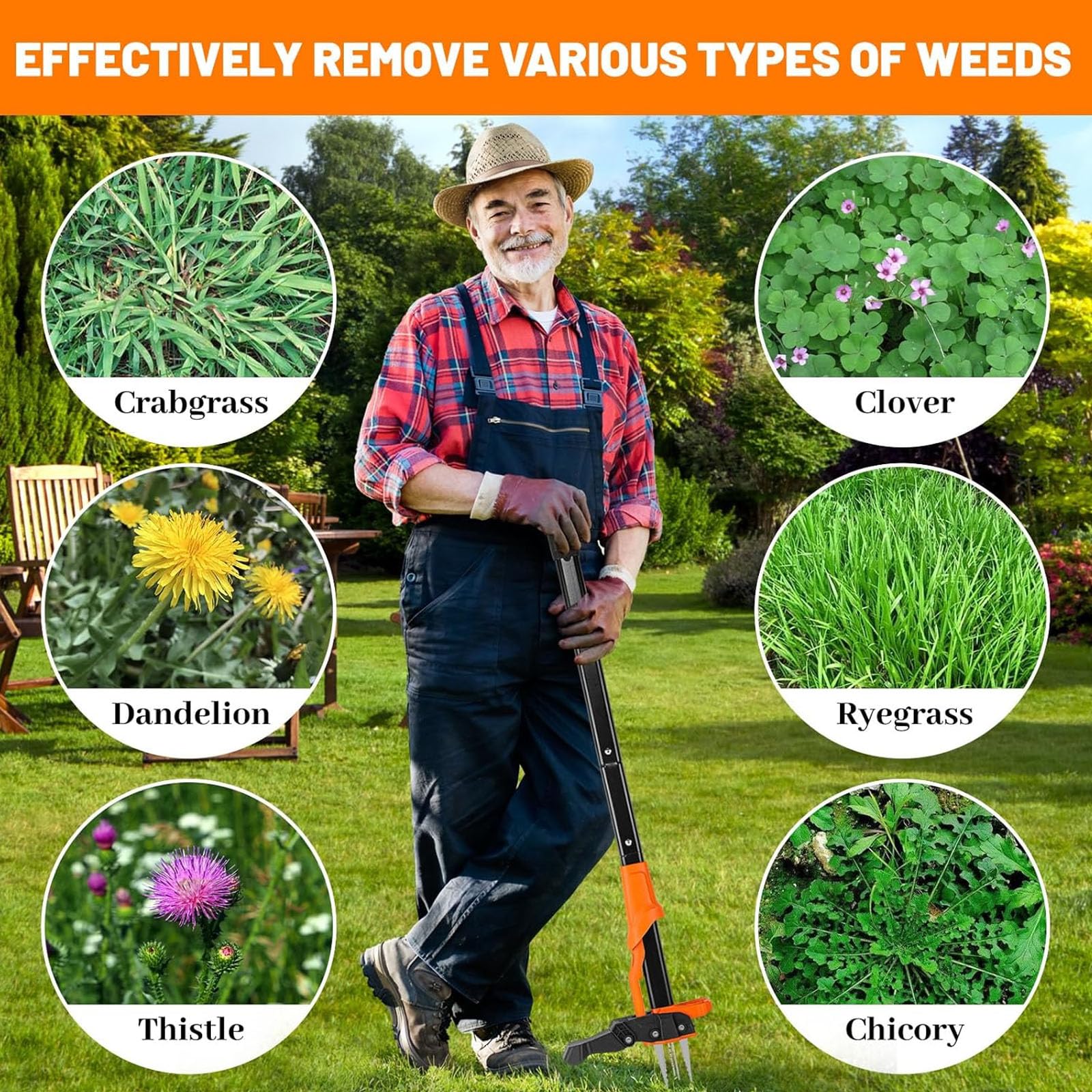 Outil d'arrache-mauvaises herbes, dispositif de tête en acier à 4 griffes avec poignée réglable de 99,1 à 116,8 cm, mécanisme d'éjection facile, élimine les mauvaises herbes sans se pencher ou