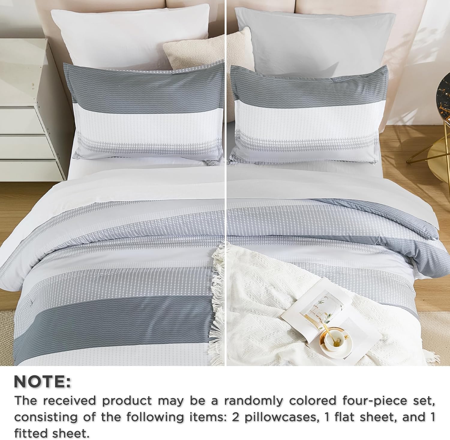 Andency Queen Size Comforter Set 7 Pieces - Light Grey Striped Lightweight Bed in a Bag, Soft Microfiber Farmhouse All Season Bedding Set with Comforter, Fitted & Flat Sheet, Pillowcases & Shams - Image 3