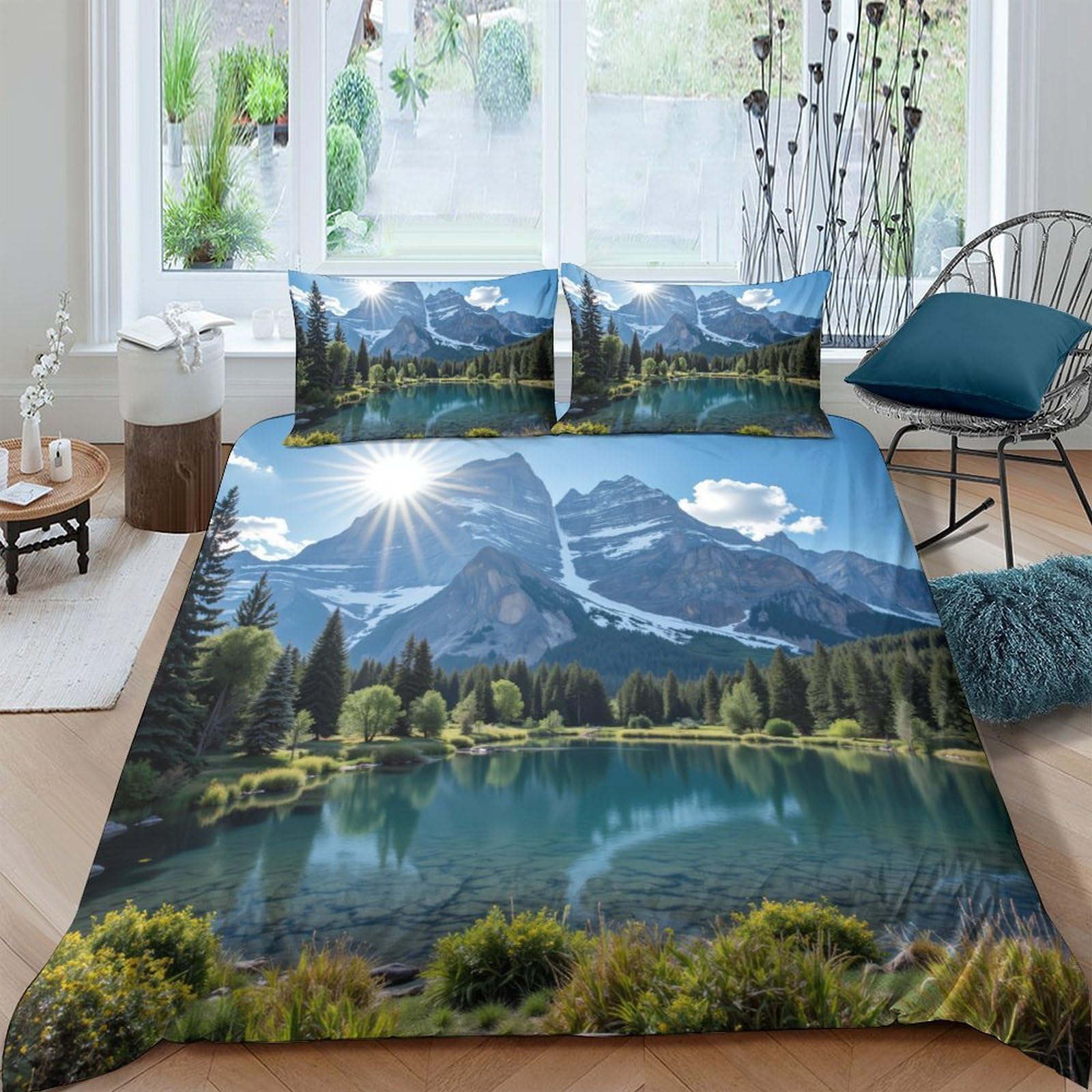 Ctjqhvkz Style-2 3D Printed Mountain Lake Fitted Sheet Microfiber Soft Breathable Forest Landscape Bed Cover Bedroom Decor Single（135X200cm）