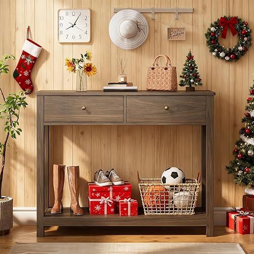Gizoon Mesa consola con 2 cajones, mesa de entrada de madera de 2 niveles con estantes de almacenamiento, mesa de sofá de madera de 39 pulgadas de