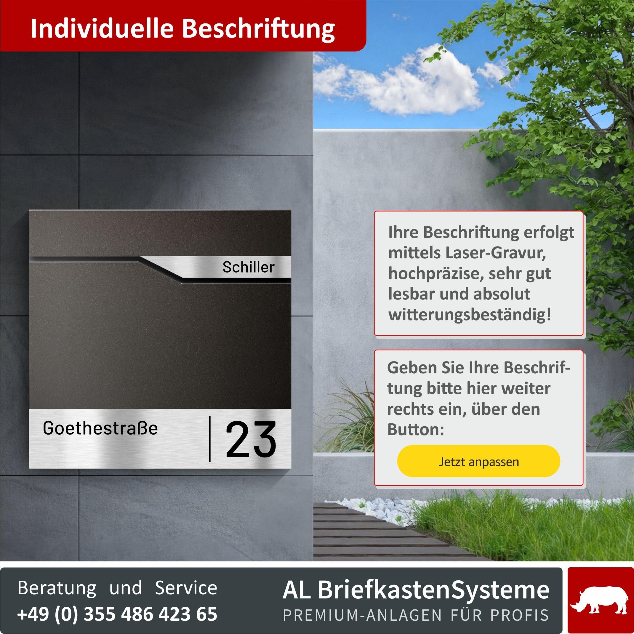 AL Briefkastensysteme Laser-Line 1er Briefkasten personalisiert mit Namen + Hausnummer - Postkasten Anthrazit RAL 7016 modern mit Zeitungsfach Gravur & Absenkautomatik für Wand- & Zaunbriefkasten