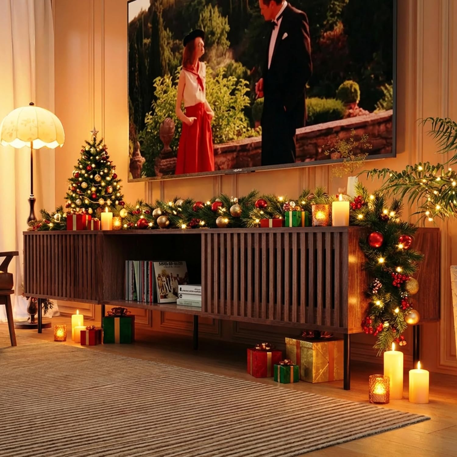 HOMMPA 70 Inch TV Stand for TVs Up to 80'', Mid Century TV Stand with Slatted Door Design, Modern Media Console with Storage Cabinet & Drawer, Entertainment Center for Livingroom, Walnut