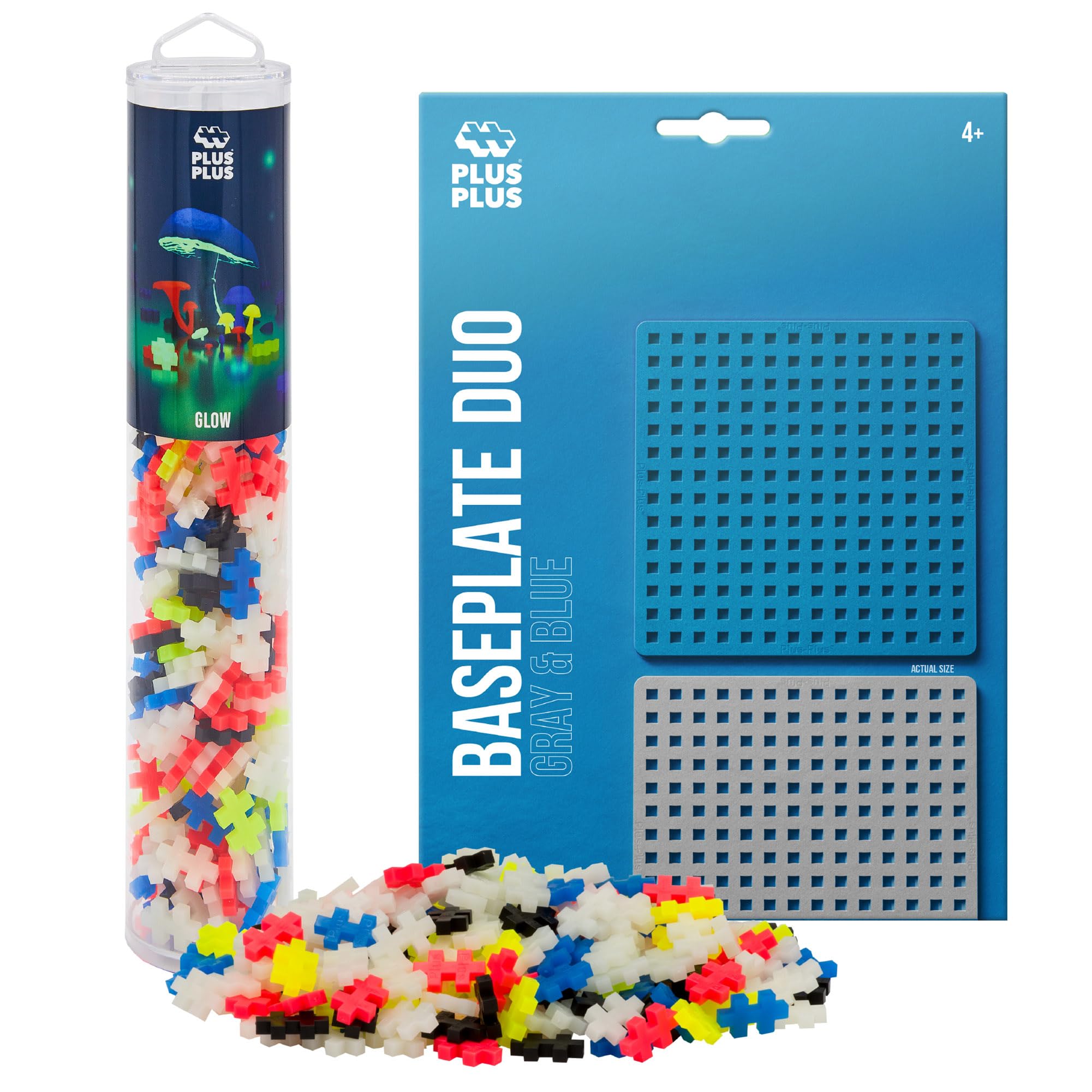 PLUS PLUS 240 Piece Interlocking Building Blocks for Kids, Open Ended Connecting Toys, STEM Bin Mini Manipulatives - Glow Mix Play Tube & Baseplate