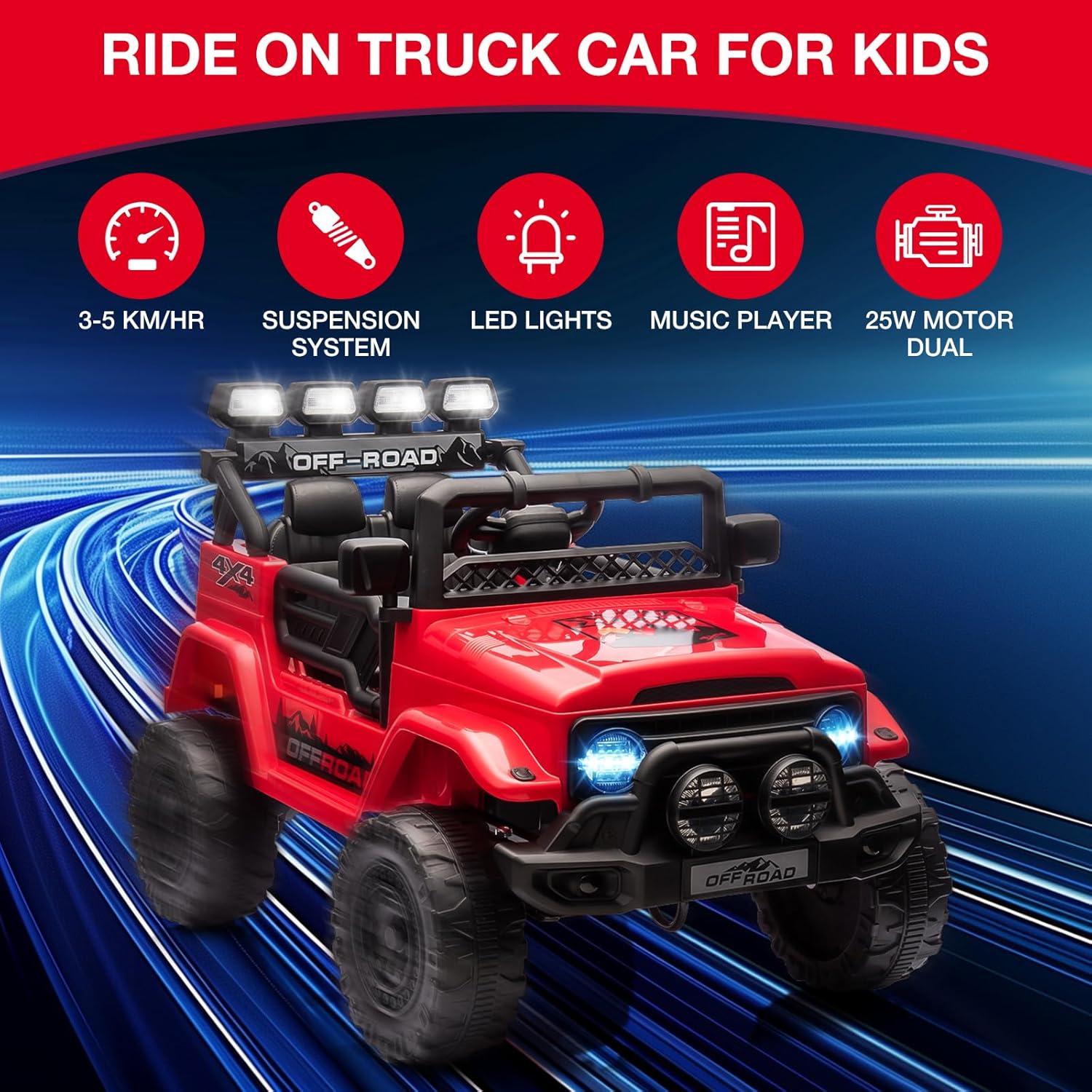 Red 12V Off-Road Kids Ride-On Truck with LED Lights