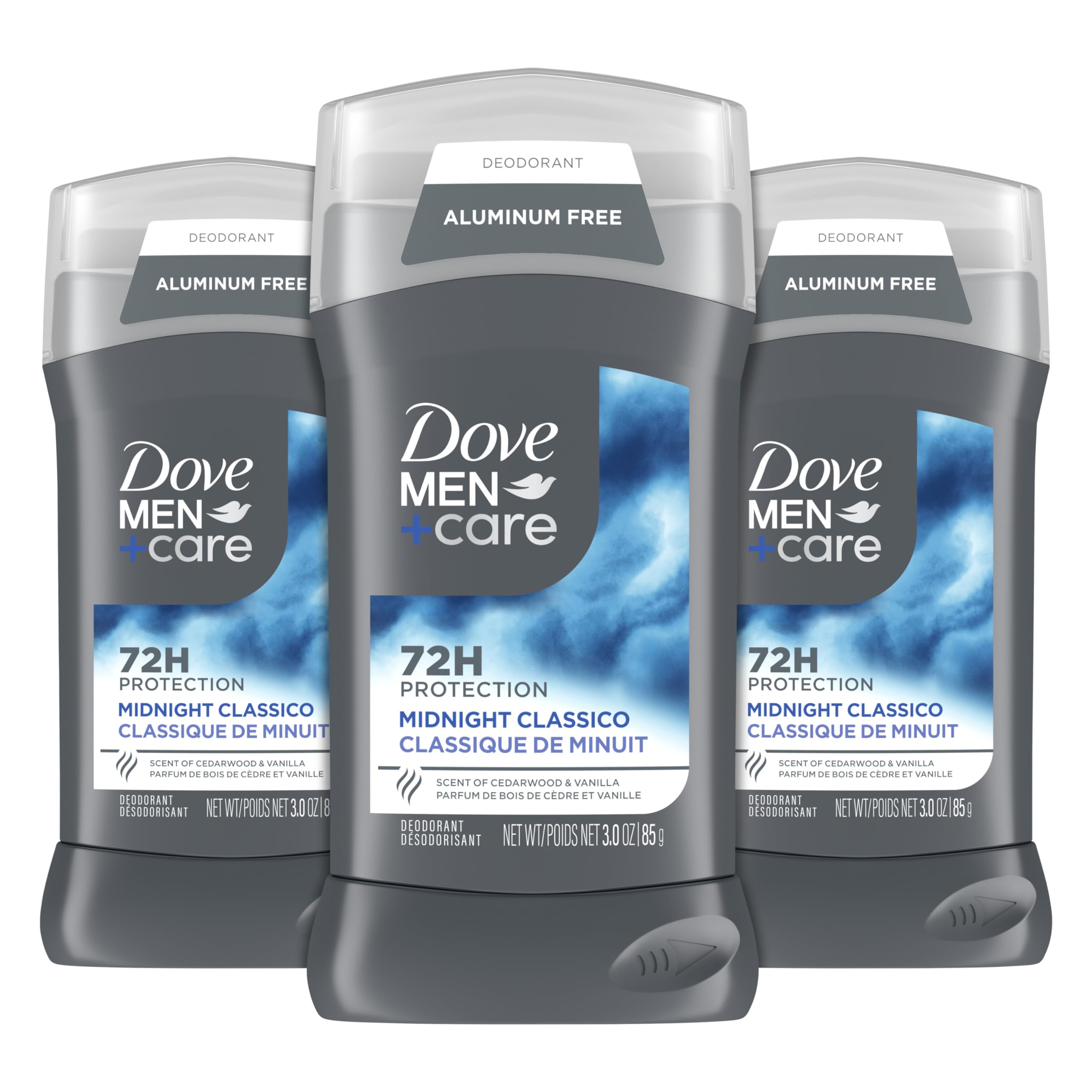 Dove Men+Care Deodorant Stick for Men Midnight Classico 3 Count Aluminum Free 72-Hour Odor Protection Mens Deodorant With Essential Oils & 1/4 Moisturizing Cream 3oz