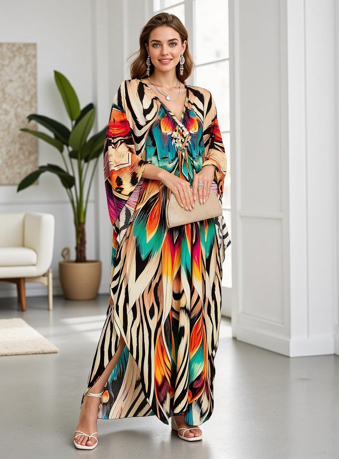 Women's Plus Size Kaftan Dress - Batwing Sleeve Long Beach Cover Up Maxi Dress Swimsuit Cover Loungewear - Image 4