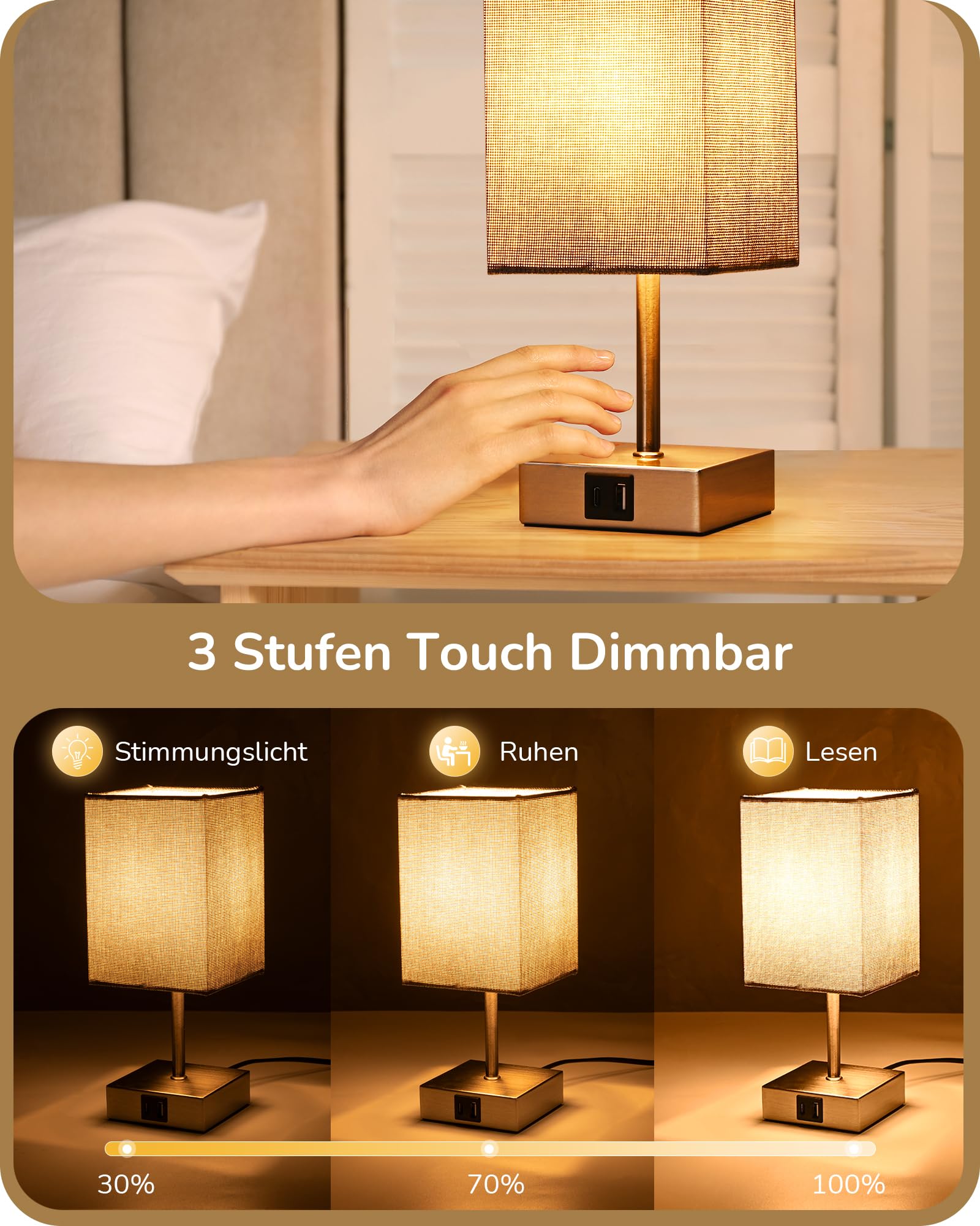 EDISHINE 2er Set Nachttischlampe, Touch-Dimmer, 2 USB Anschlüsse, Grau | inkl. 2700K LED Leuchtmittel, mit Ladefunktion, 5 V / 2,1 A, für Schlafzimmer, Wohnzimmer, Fensterbank, 28 cm