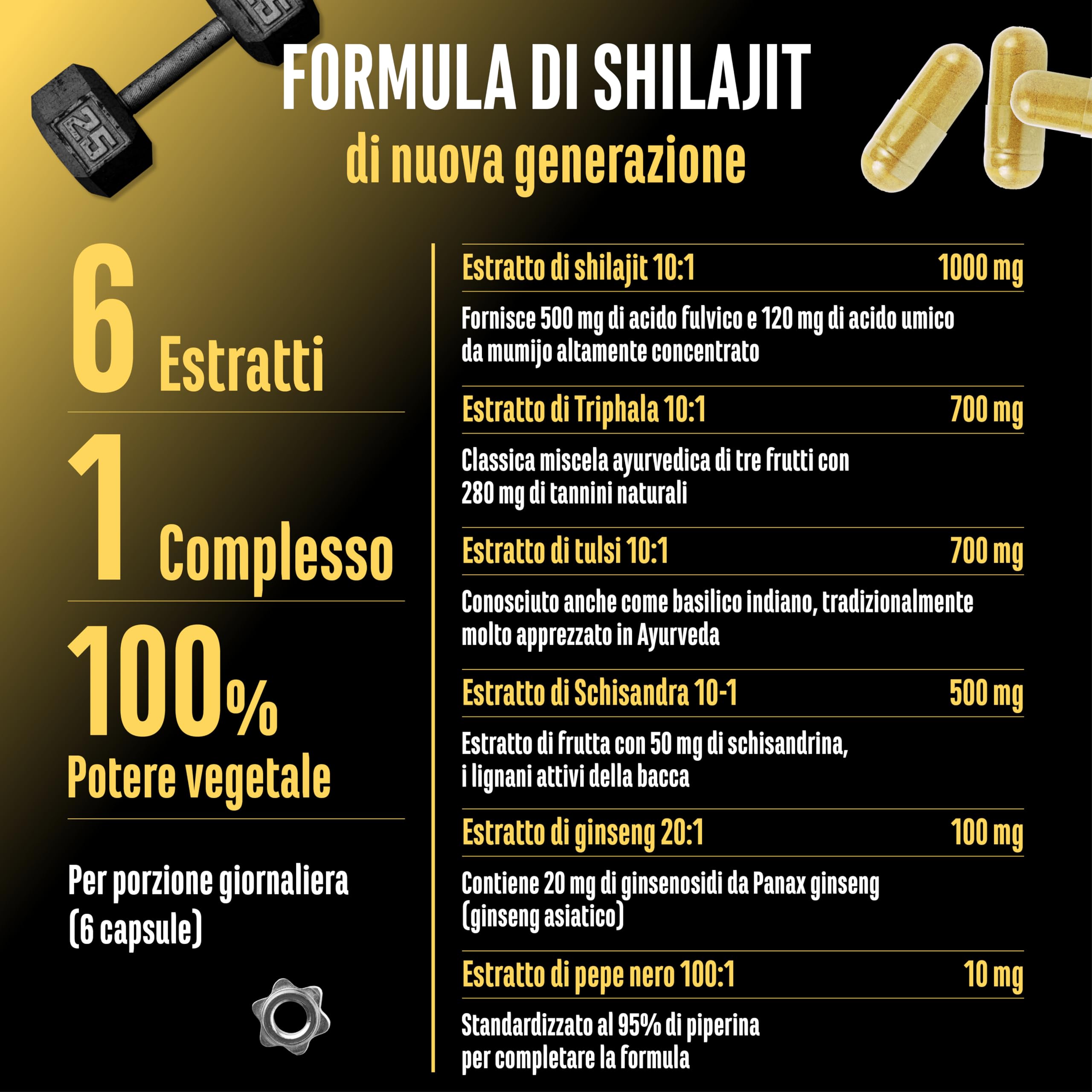 Shilajit Complex - 180 capsule - Altamente dosato con 3010 mg per dose giornaliera - Con ginseng, schisandra, triphala, estratto di tulsi, 50% di acido fulvico e 12% di acido umico - Vegano