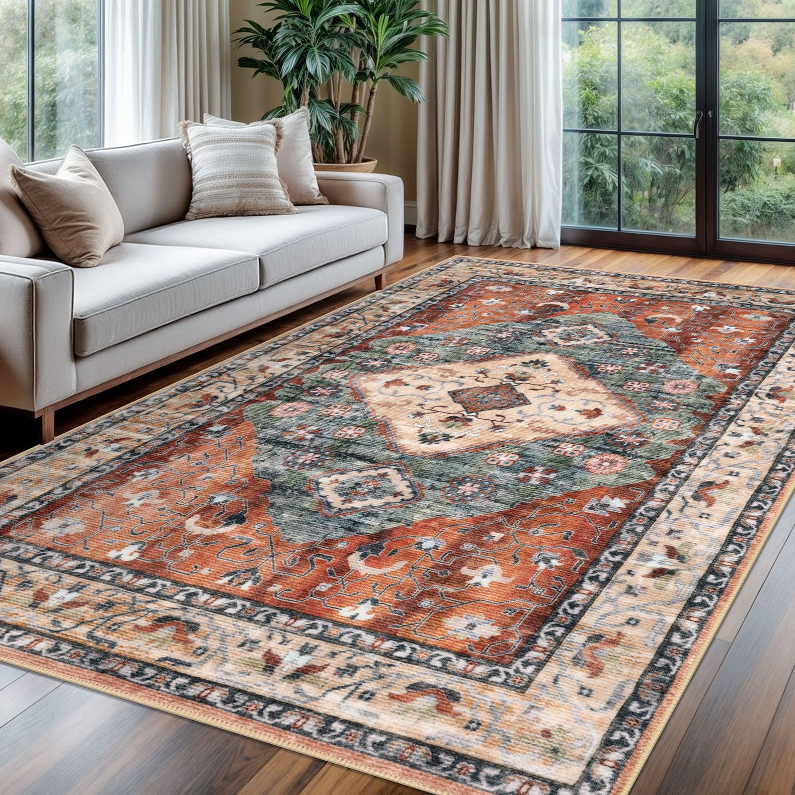 KOZYFLY Boho Area Rug 6x9 Ft Thin Rugs for Living Room Washable Bedroom Rug Non Slip Rugs for Living Room Rust/Orange/Blue Printed Faux Wool Vintage