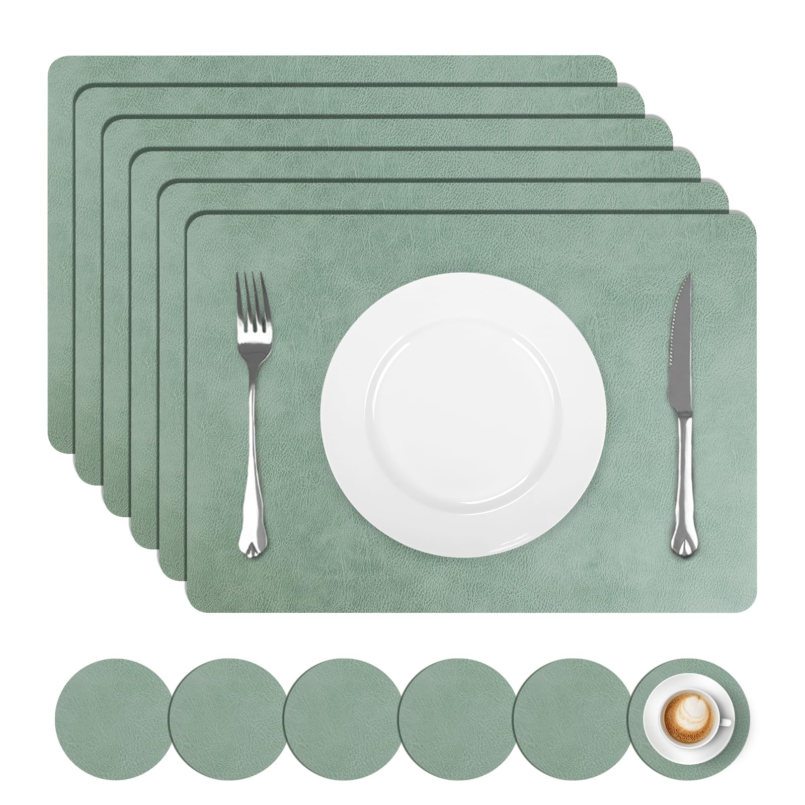 comfoyar PU Leather Placemats and Coasters Set of 6, 30x43cm Non-Slip Dual-Sided Heat Resistant Cowhide Pattern Place Mats, Waterproof Washable Table Mats for Kitchen Dining Party Decoration(Green)