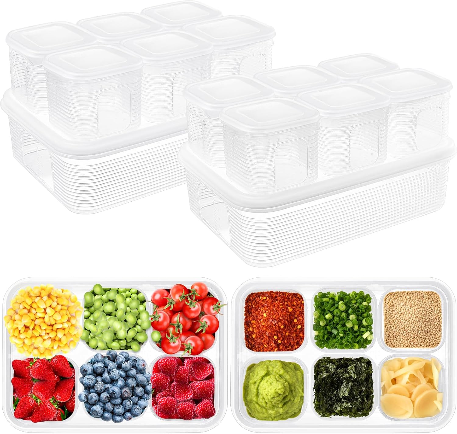 Rtteri 2 Sets Fridge Organizer Divided Serving Tray with Lid Yakumi Pans Seasoning Condiment Container Stackable Refrigerator Organizer with Airtight Lids No Bpa for Veggies, Fruit, Herbs, Spices
