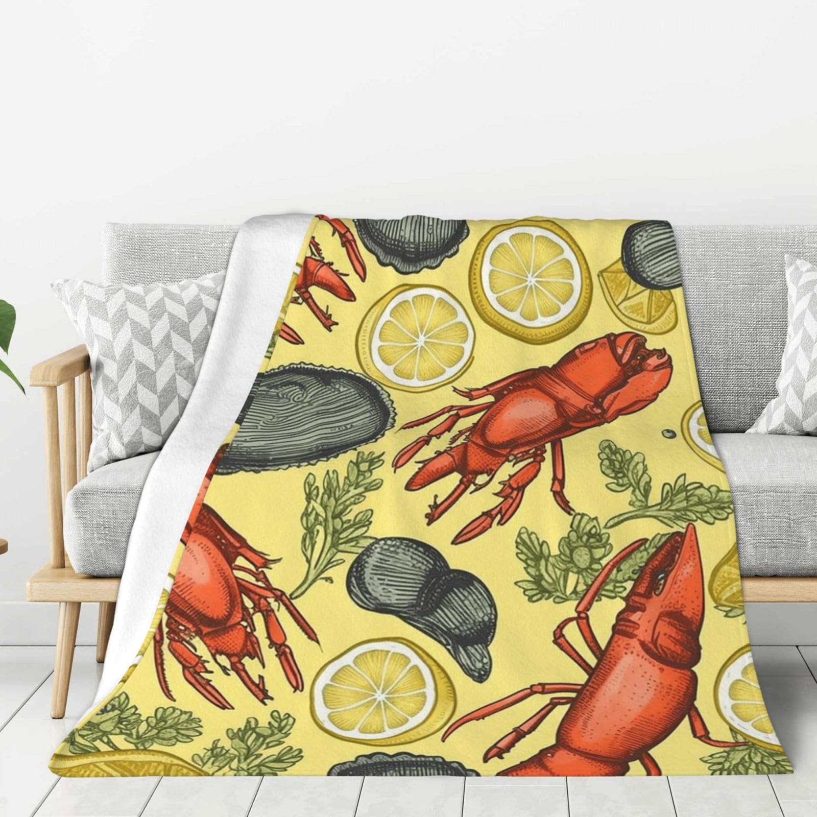 Lobster and Lemon Throw Blanket Plush Flannel Fleece Blanket, Soft Lightweight Cozy Blankets 60"X50" for Bed Couch Sofa Travel