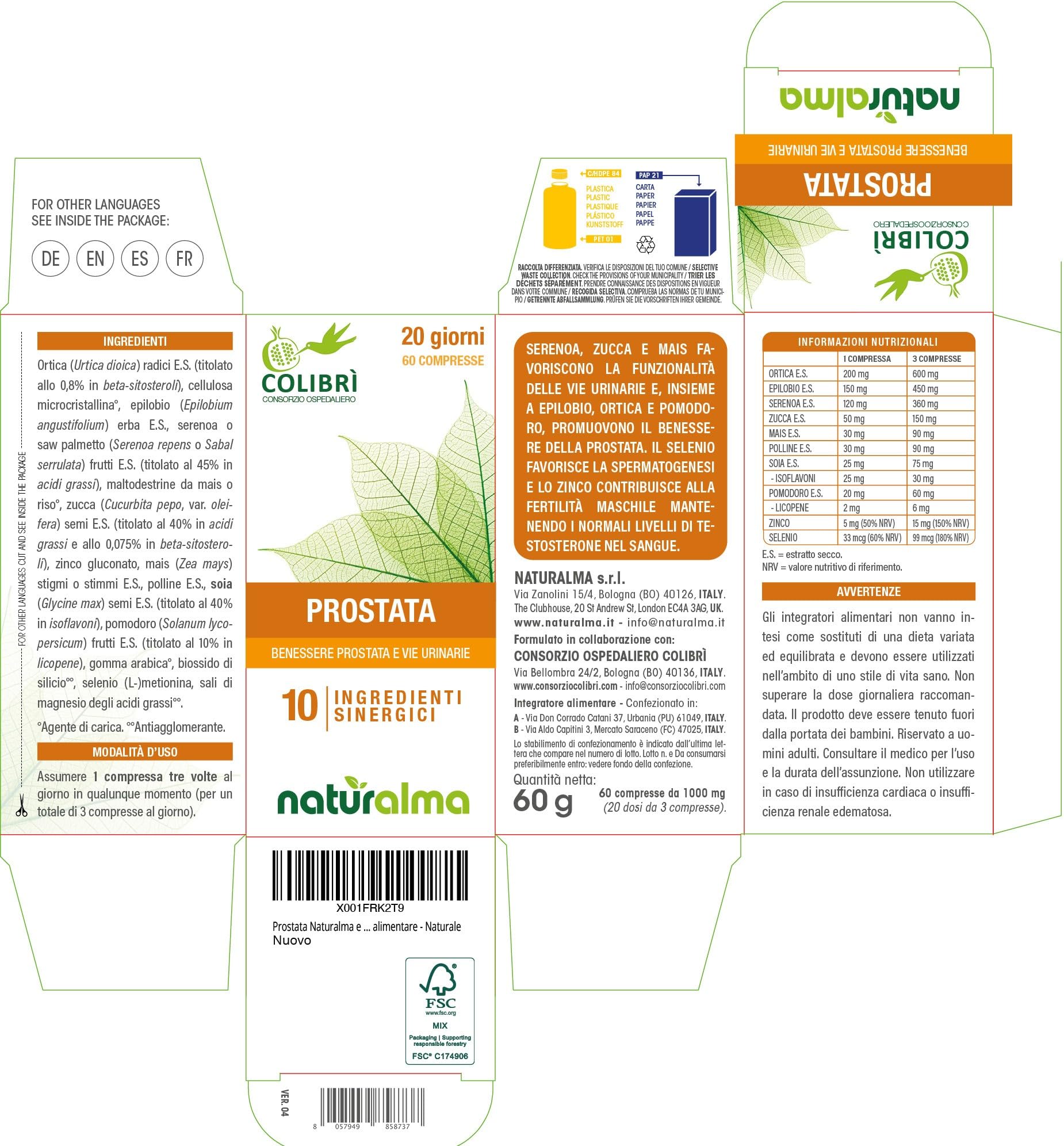 Prostata Naturalma e Consorzio Colibrì 60 compresse da 1000 mg - Ortica, Epilobio, Serenoa, Zucca, Mais, Polline, Soia, Licopene, Zinco e Selenio - Integratore alimentare - Naturale