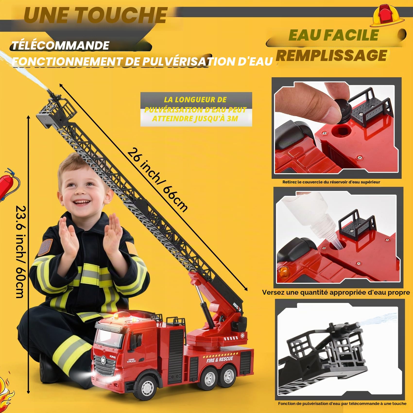 Grand Camion de Pompiers RC 1:18 | Camion de Pompiers télécommandé 2,4G avec Échelle Pivotante à 270° et Fonction Jet d'eau | Rechargeable 7,4V, Lumières & Sons | Jouet Pompier dès 3 Ans