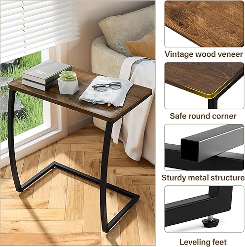 Miniatura 8 de SRIWATANA Mesa Auxiliar, Mesa de Extremo, Mesa de Sofá en Forma de C Vintage para Sofá, Laptop, Café y Aperitivos, Nogal 1.Walnut,Negro -,Nogal