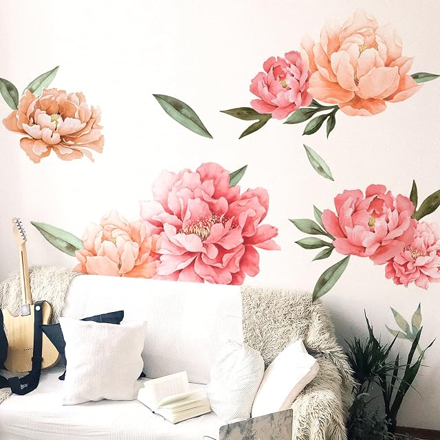 Peony Flowers Wall Decals, ToyaJeco Watercolor Elegant Peonies Rose Floral Wall Stickers, Pink Blossom Flower Wallpaper Art Applique for Living Room Bedroom Girls Room