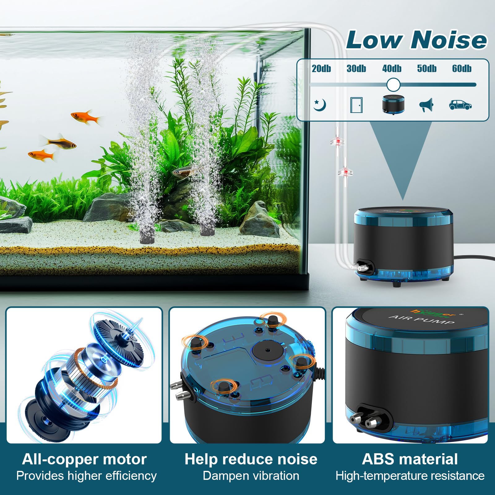 hygger Bomba Aire Acuario, 4W/8W Dual Outlet Powerful Fish Tank Oxygen Air Pump, Regulable Ossigenatore per Acquario Up to 450L/750L Aquariums