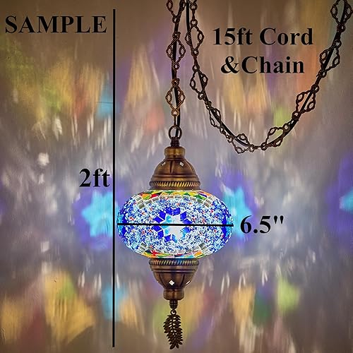 Miniatura 3 de DEMMEX Lámpara colgante enchufable de mosaico turco auténtico tipo swag, globo grande de 6.5 pulgadas - Lámpara de techo colgante marroquí - Cable y