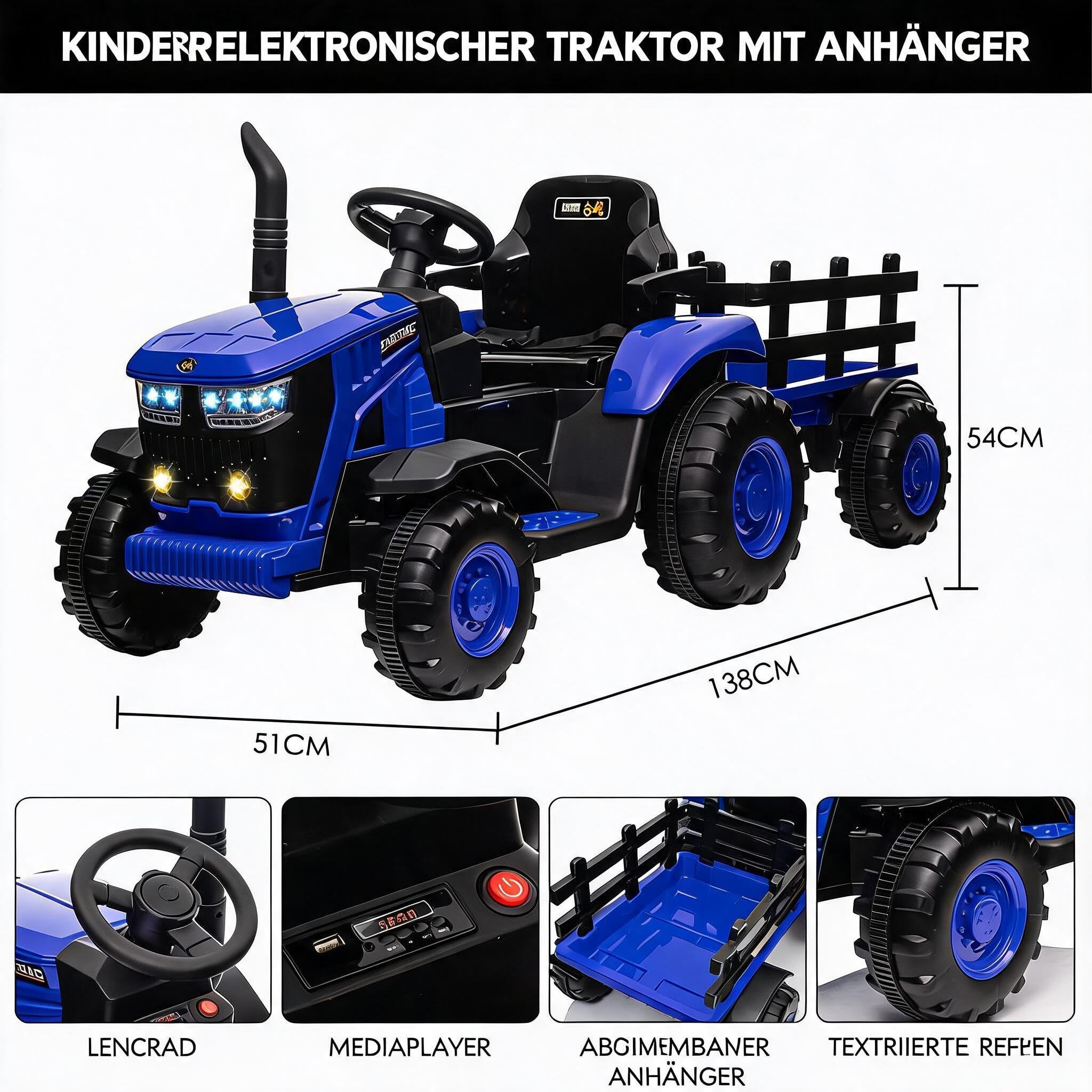 IDEALHOUSE 12V Elektro-Traktor Mit Abnehmbarem Anhänger, Kinder Elektroauto