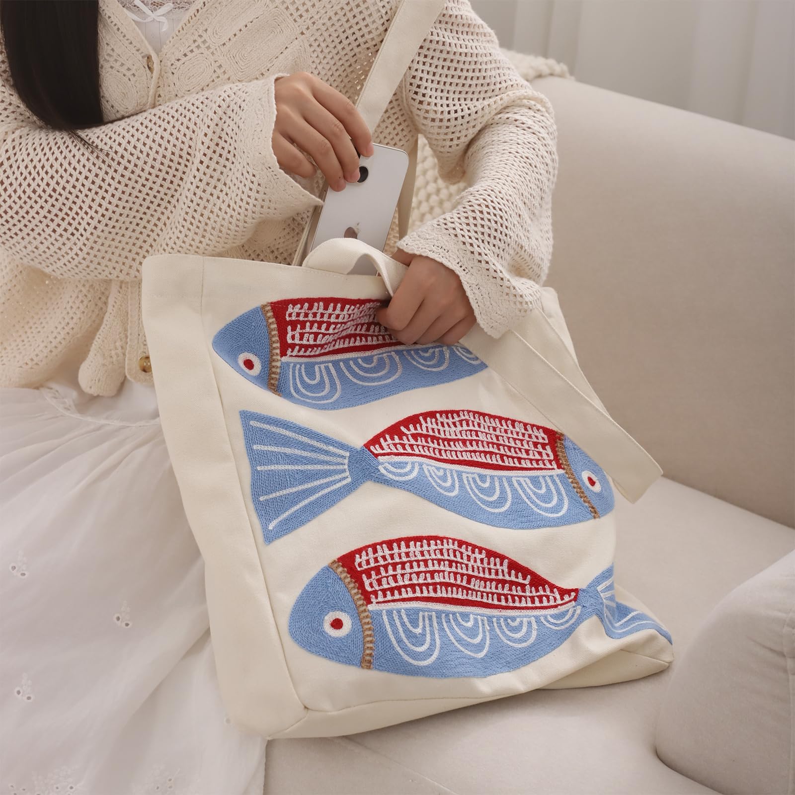 Ozean Stickerei Frauen Tasche Sommer Leinwand Strandtasche Wiederverwendbare Einkaufstasche Einkaufsbuch