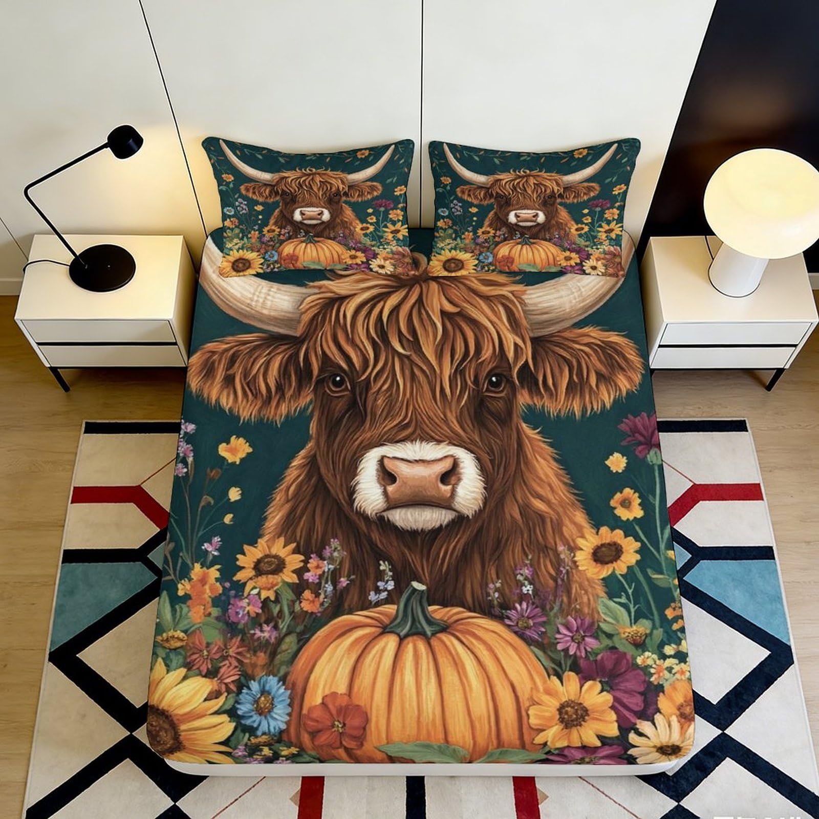 3D Printed Highland Cow Fitted Sheet Microfiber Soft Durable Floral Pumpkin Bed Cover for Bedroom Dormitory Guest Room Mattress Protection 140x200x25cm