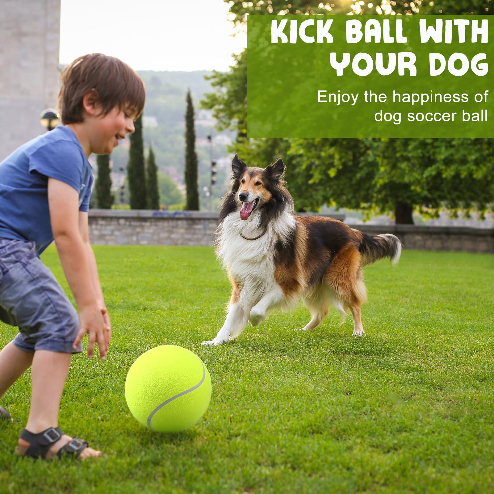 Blueweenly Paquete de 4 pelotas de tenis inflables grandes de 9.5 pulgadas para perros con 4 pelotas de tenis chirriantes de 2.5 pulgadas, pelota interactiva para lanzar y buscar pelota para perros