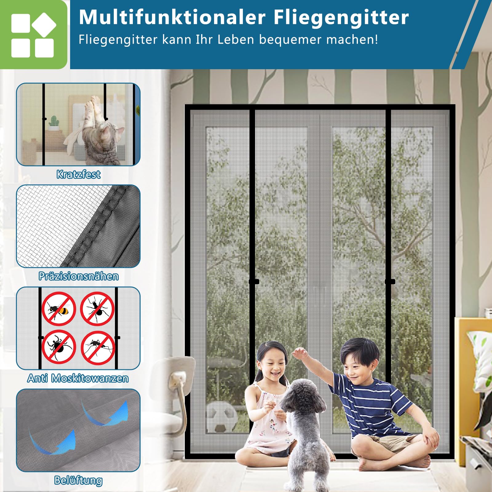 HooTown Magnet Fliegengitter Tür,190 x 212cm Fliegengitter Doppeltür | Automatisches,Ohne Bohren,4cm Klettband Oben,Fliegenvorhang für Fenster, Balkontür, Kellertür und Terrassentür