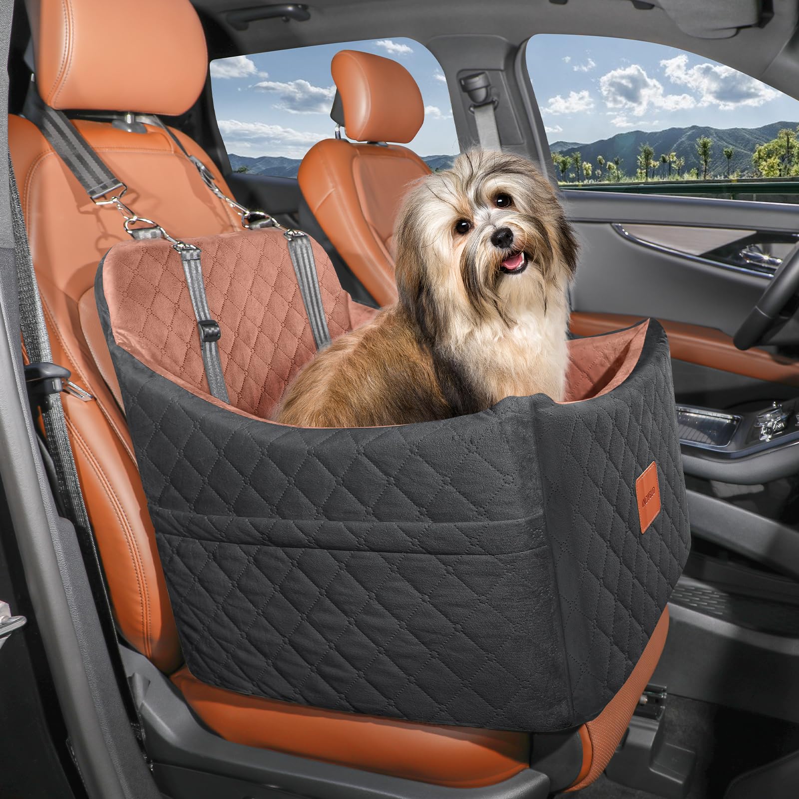 Dog Car Seat for Small/Medium Dogs, Memory Foam Dog Booster Seat, Travel Safety Pet Car Seat with Washable Removable Cover, Storage Pockets for Dogs up to 35 lbs((Black/Brown, Medium) - image 2