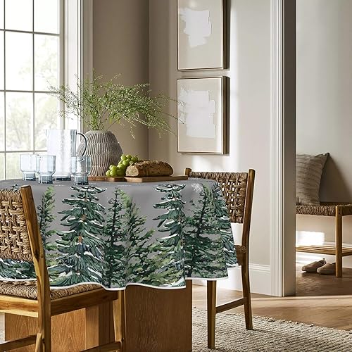 Miniatura 3 de Horaldaily Mantel de Navidad redondo de 60 x 60 pulgadas, diseño de árboles de nieve de invierno, color gris, lavable, para fiesta, picnic,