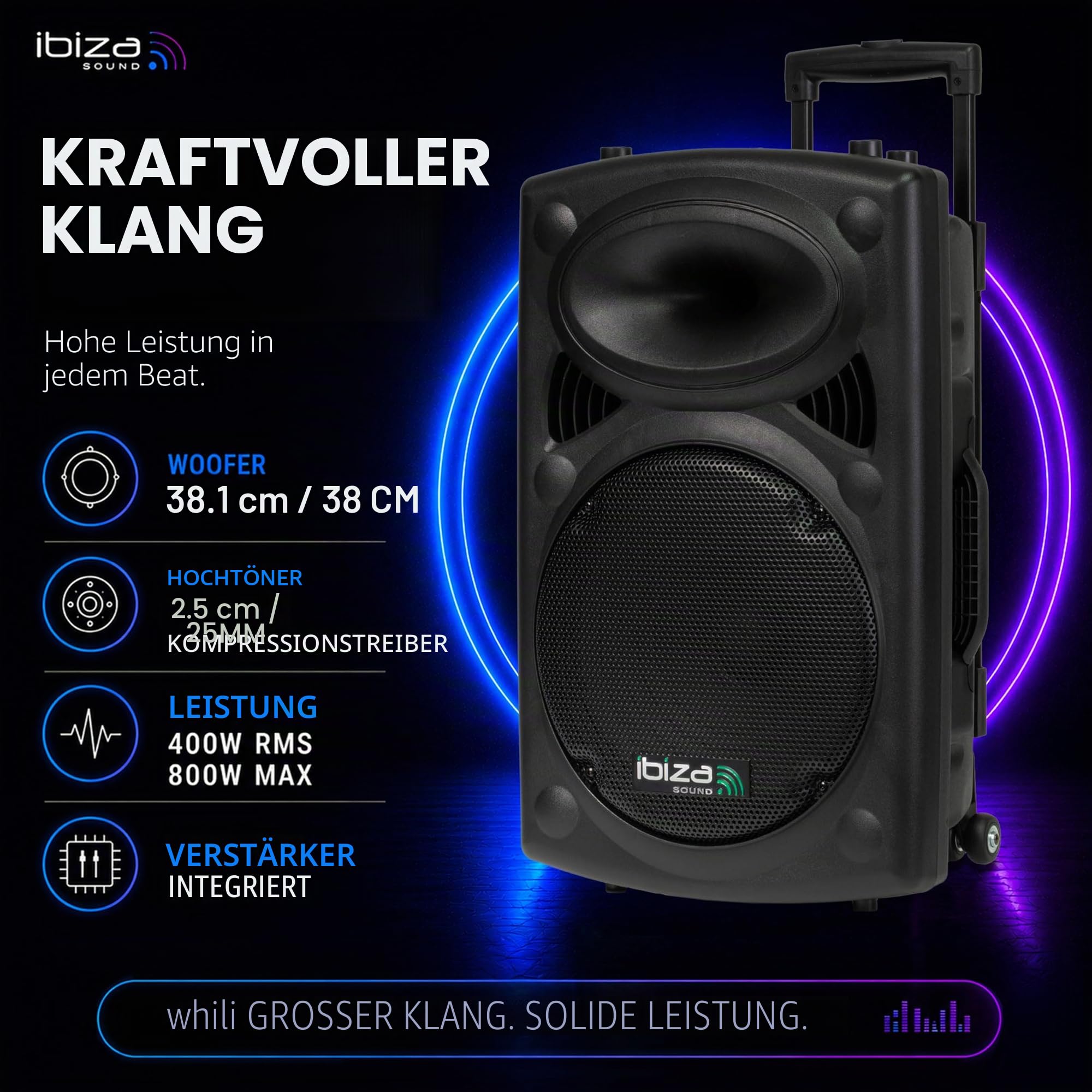 Ibiza PORT15UHF-BT Tragbarer Akku-PA-Lautsprecher 15"/38 cm – 800 W Max./400 W RMS – Karaoke mit 2 UHF-Mikrofonen – TWS – USB, SD, Rec, VOX – Trolley