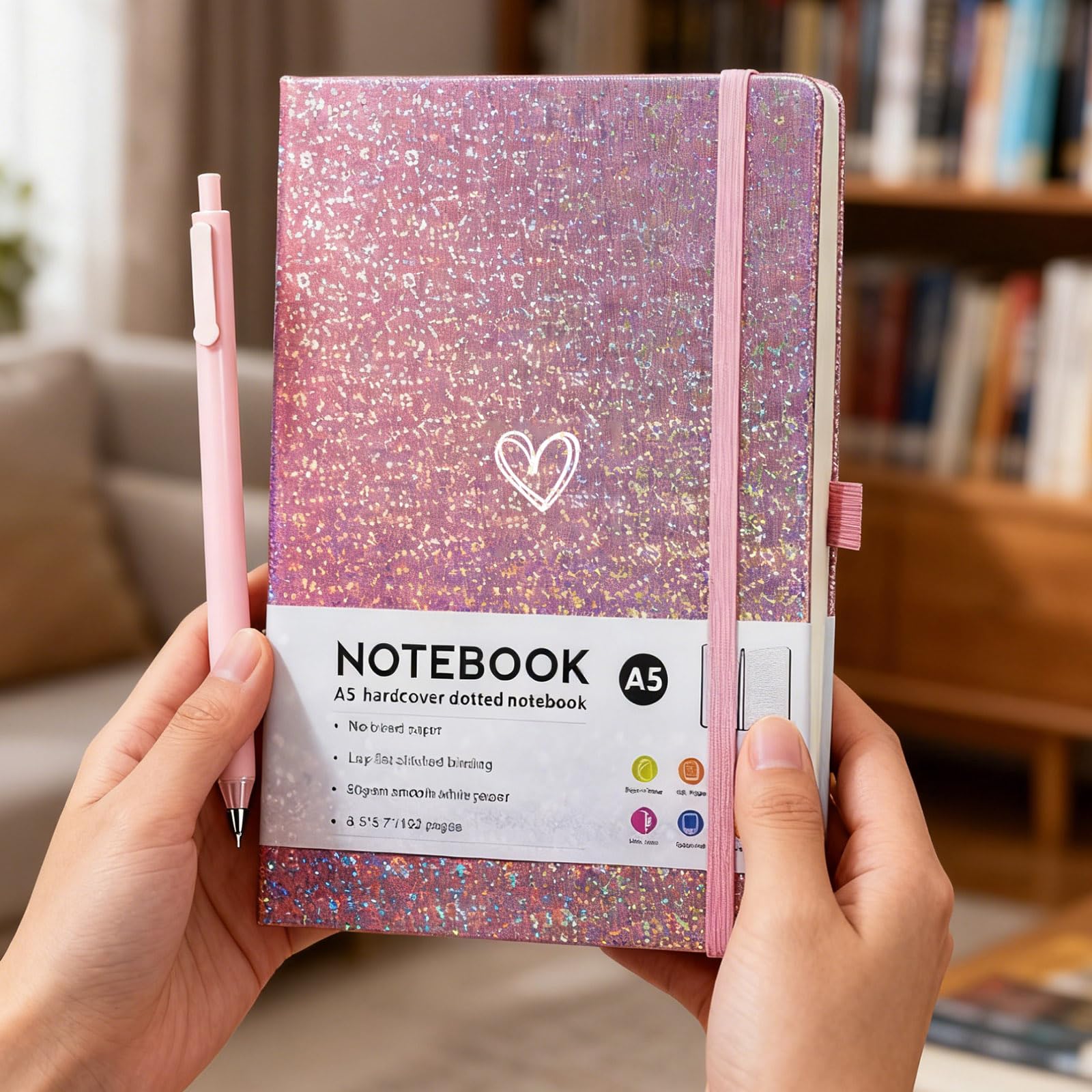 SIMDAO 2 Pack Glitter A5 Pink Notebook, PU Leather Hardcover, 2 Notepad with Elastic Band & 2 Pen, Valentine's Day Gifts for Girls Women, Girls Diary, Heart Shaped Lined Journal for School Work Note - Image 4