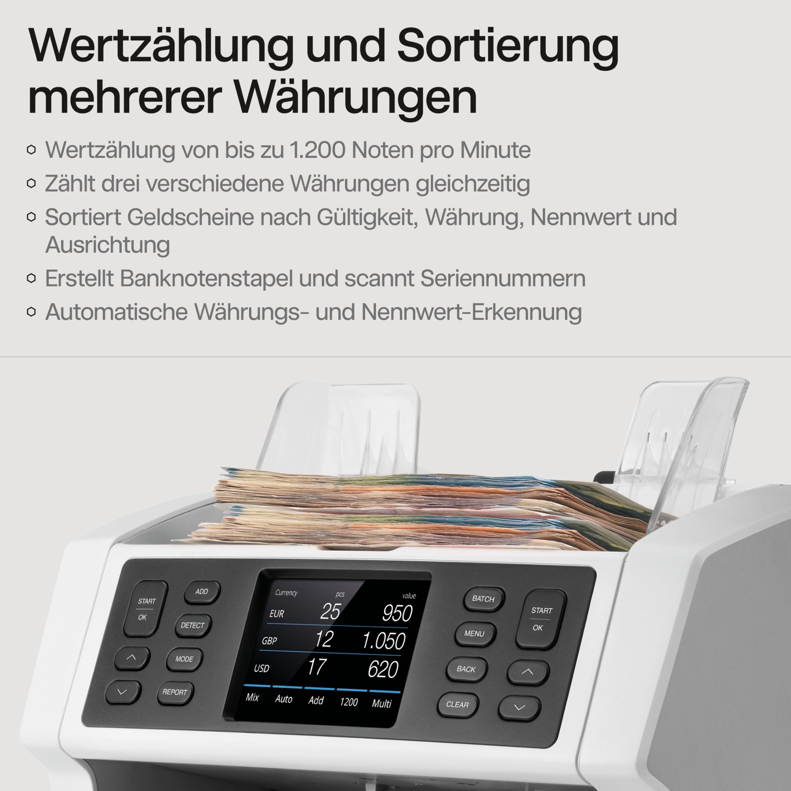 Safescan 2985-SX Geldzählmaschine, Wertzählung und Sortierung von gemischten Banknoten - Banknotenzähler mit 7-facher Echtheitprüfung - Geldzählmaschine mit Sortieroptionen