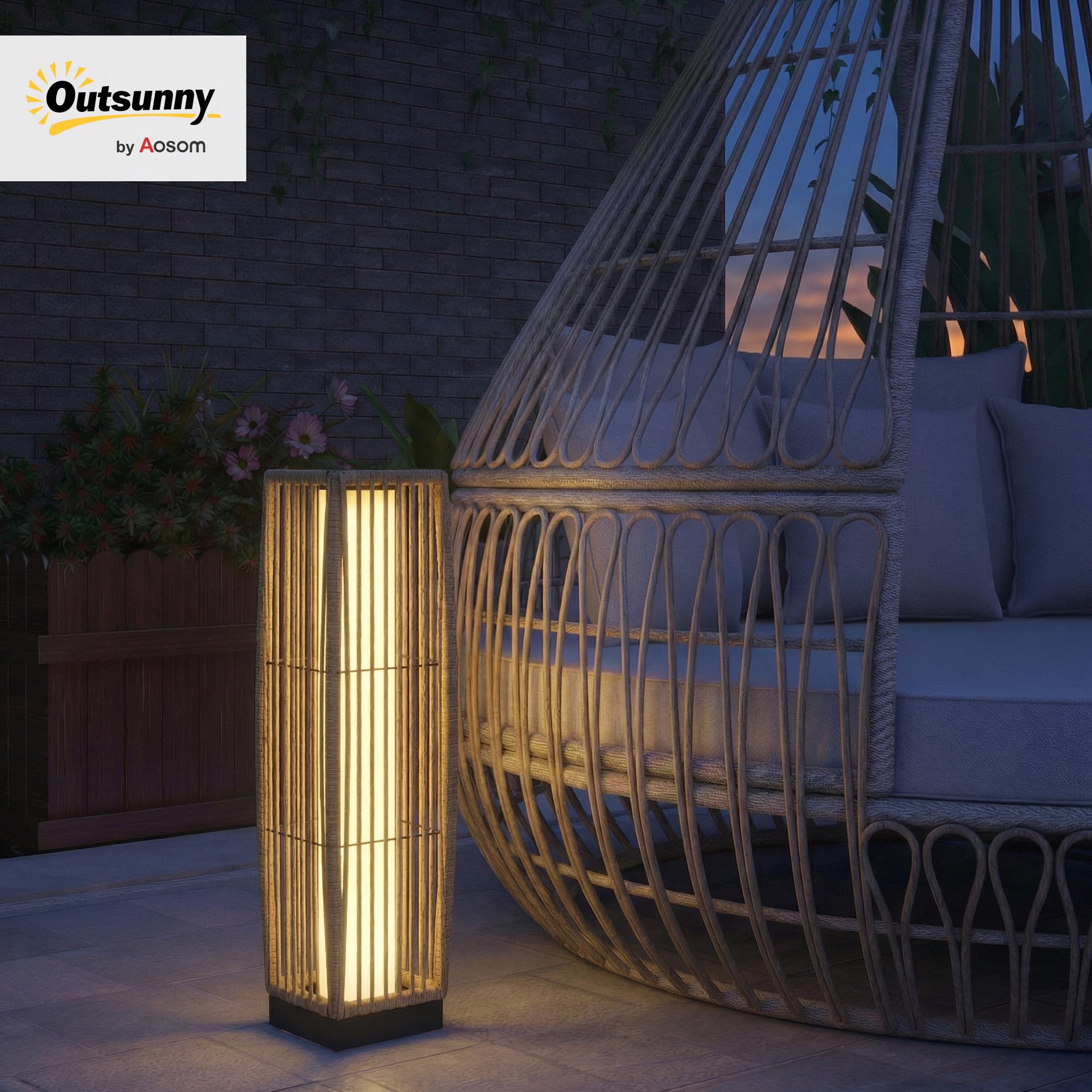 Outsunny Lanterne Solaire Extérieure en Résine Tressée, Lampadaire LED Rechargeable avec Capteur de Lumière pour Jardin