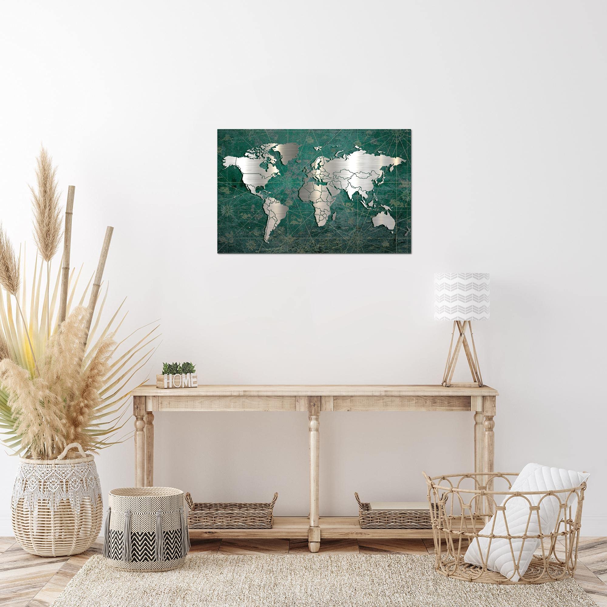 Quadro Mappa Del Mondo Moderna Runa Art – Stile Vintage Antico, Grigio, Made In Germany, Stampa Su Tela Non Tessuta 110g/m², Pronto Da Appendere