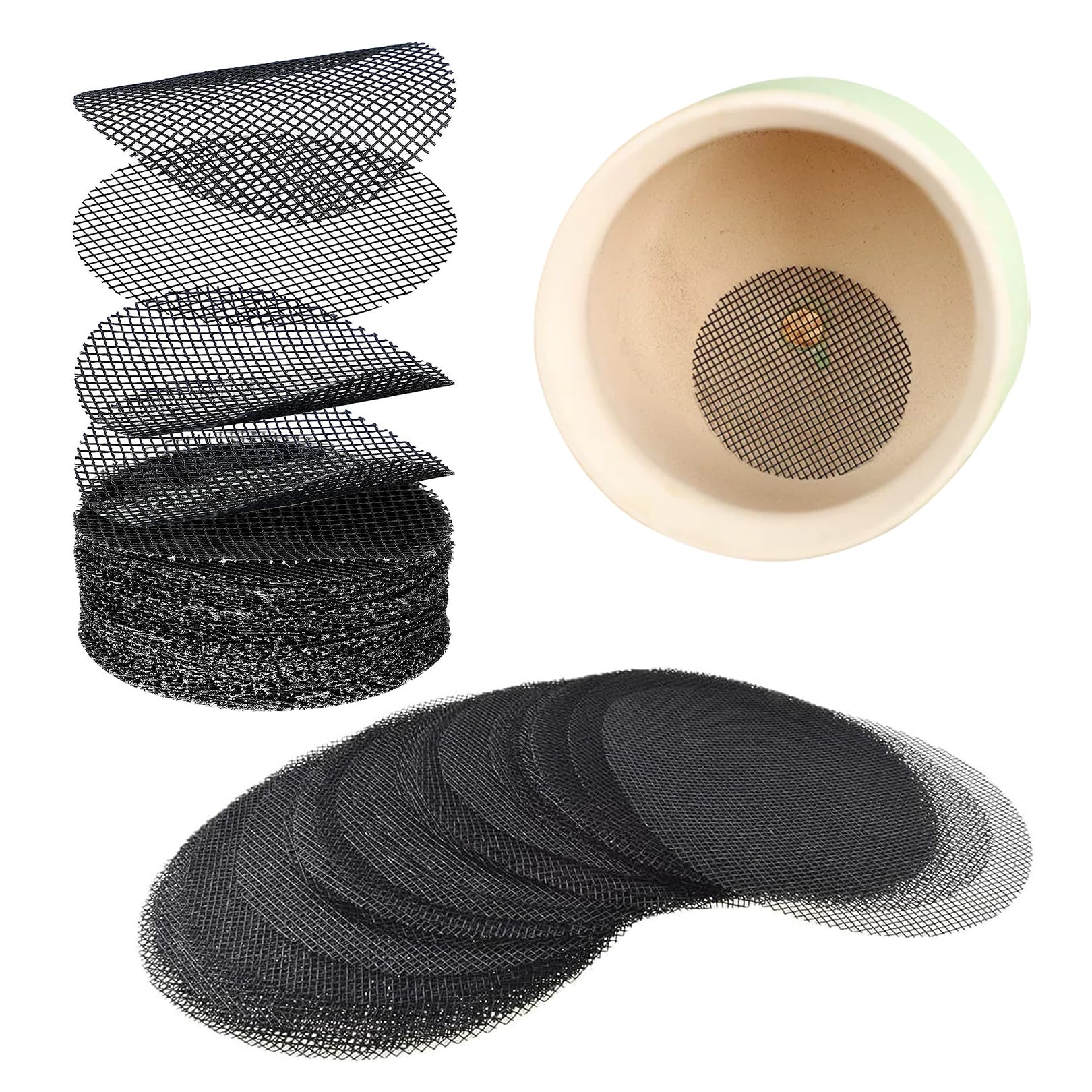Snmygs Black 50Pcs Flower Pot Hole Mesh Pad, Potting Mat, Plant Pot Drainage Mesh, 3.9Inch Round Drainage Hole, Screens Bonsai Pots Bottom Drainages Holes Grid Mat, Gardening Plant Pot Screen Meshs For Gardening