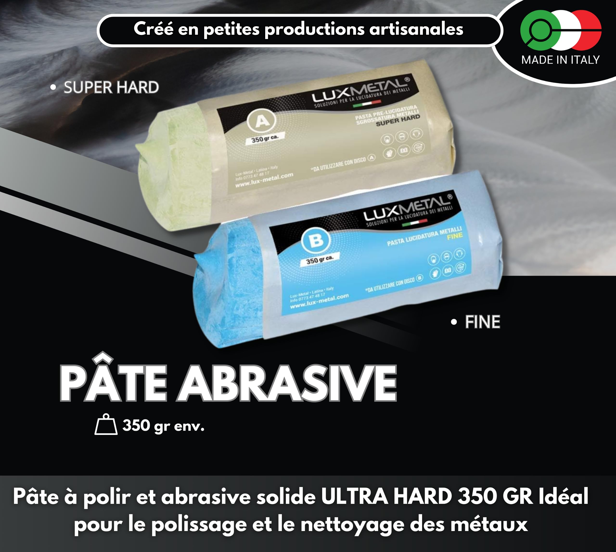 2 Pate a polir abrasive 350g A-B Fin Gros Kit de Polissage Metal Acier Inox Alu Aluminium laiton bronze pour Metaux Nettoyage cuivre or argent Polish Chrome plexiglass Resine Epoxy Couteau