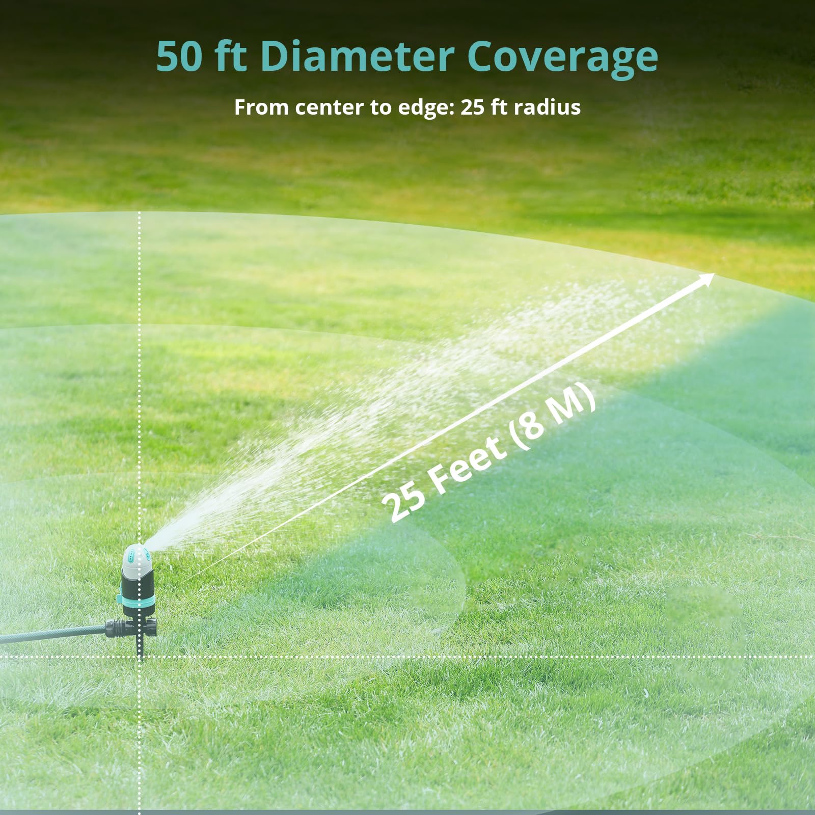 QUOBAS Paquete de 2 aspersores de césped para patio, aspersor de 4 patrones con 360° ajustable, base de metal resistente para suelo firme, riego de área grande de hasta 50 pies, aspersor de agua para